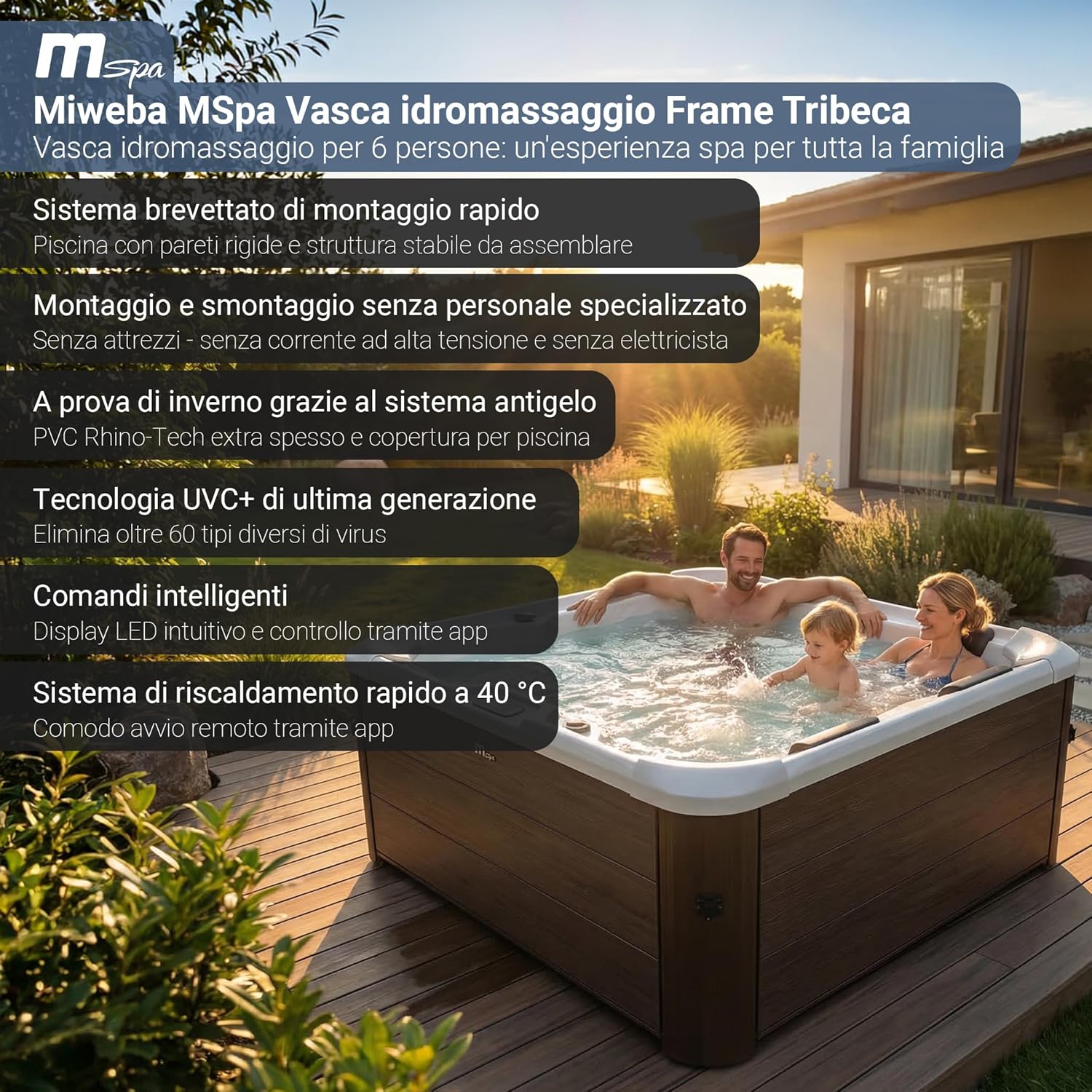 Miweba Vasca Idromassaggio MSpa Tribeca con Parete Esterna Rigida | Controllo tramite App | Spa per 6 Persone | 160x160x65 cm | 120 Getti Massaggianti | Utilizzo Tutto l’Anno, Adatta all’Inverno