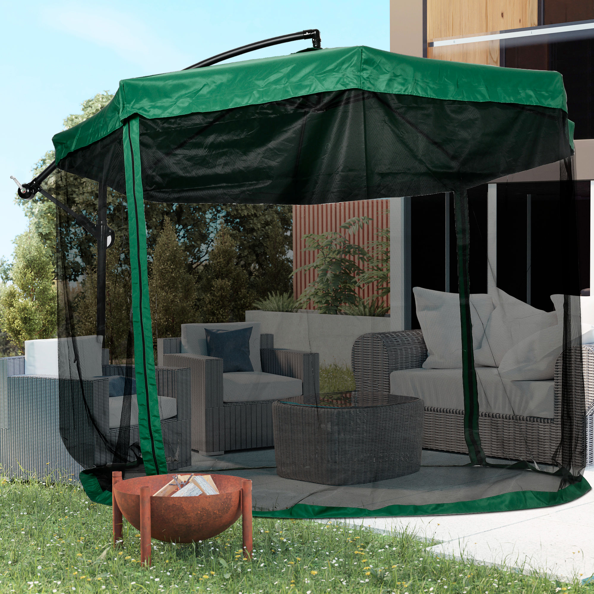 Outsunny Freiarmschirm mit Kurbel und X-förmigem Standfuß mit Moskitonetz Ø 295 x 240H cm grün