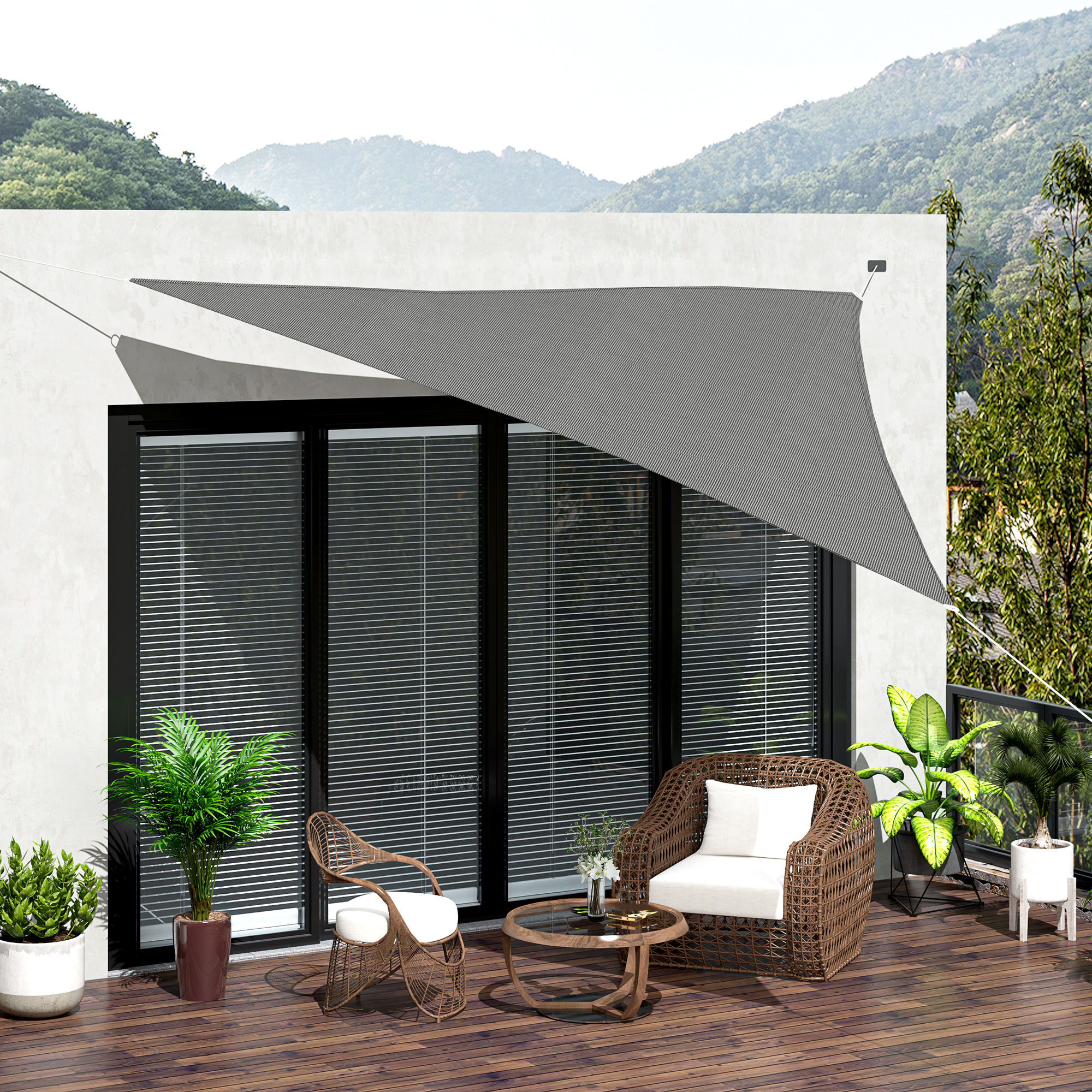 Outsunny Großes dreieckiges Sonnensegel 3,6 x 3,6 x 3,6 m aus hochdichtem UV-beständigem HDPE in Grau