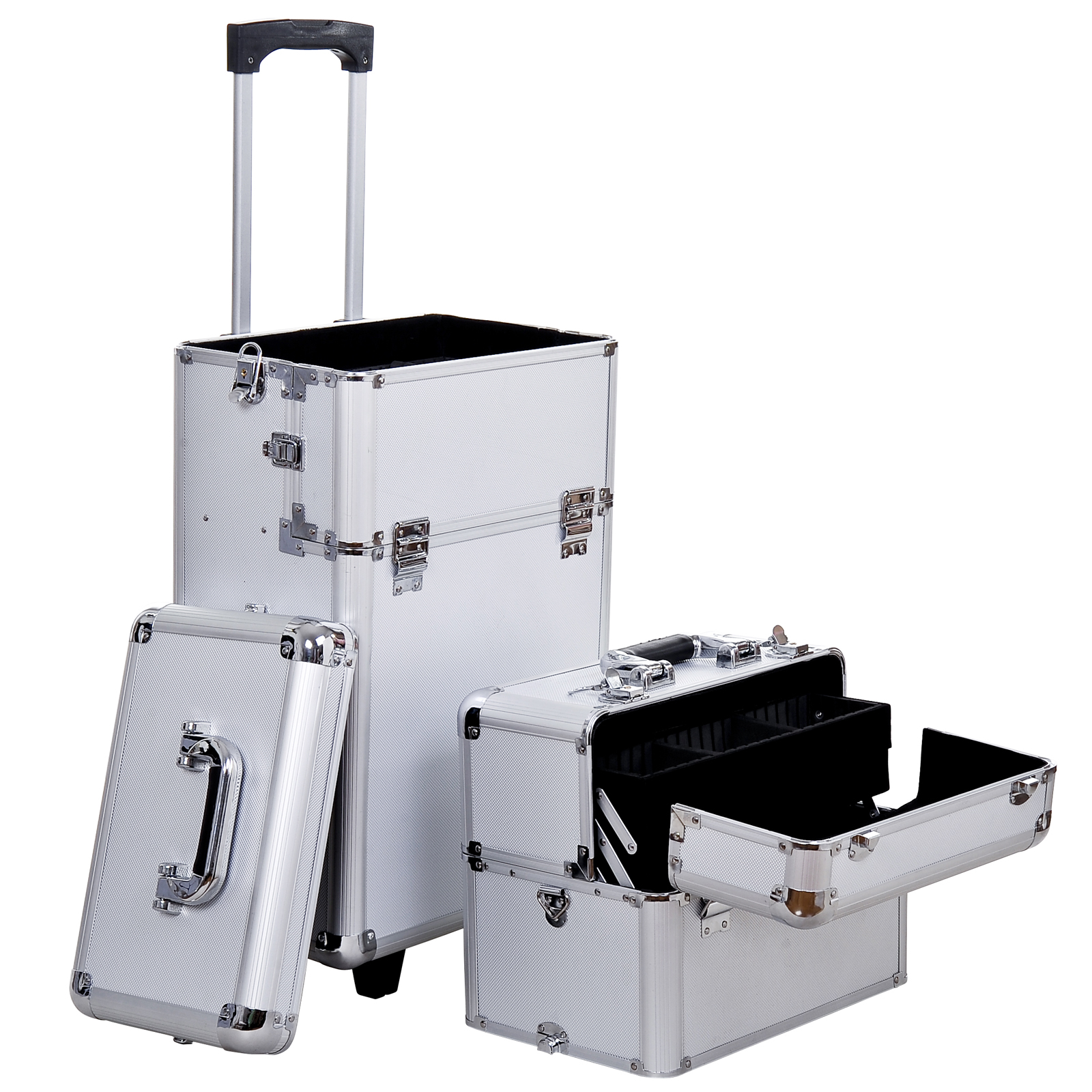 HOMCOM Schminkkoffer 2-in-1 mit auf 3 Höhen einstellbarem Griff und Rollen, professioneller Make-up-Trolley aus Aluminium, 35,5x23x105 cm, Silber