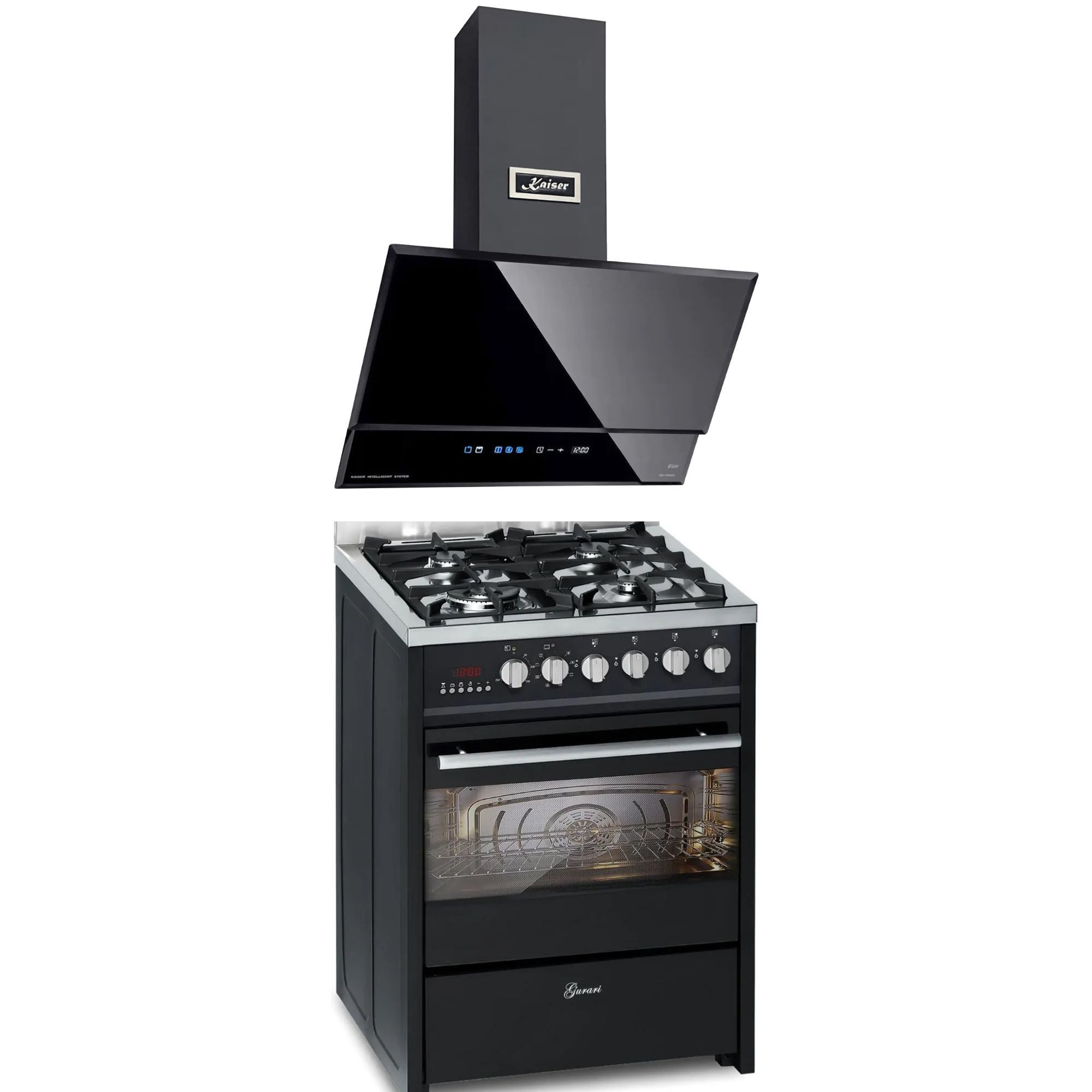 Gas-Standherd 60 cm Schwarze Gasherd mit Elektrobackofen 60 L Range Coocker +Dunstabzugshaube 60 cm GCH E 610 BL+AT 6410 F ECO