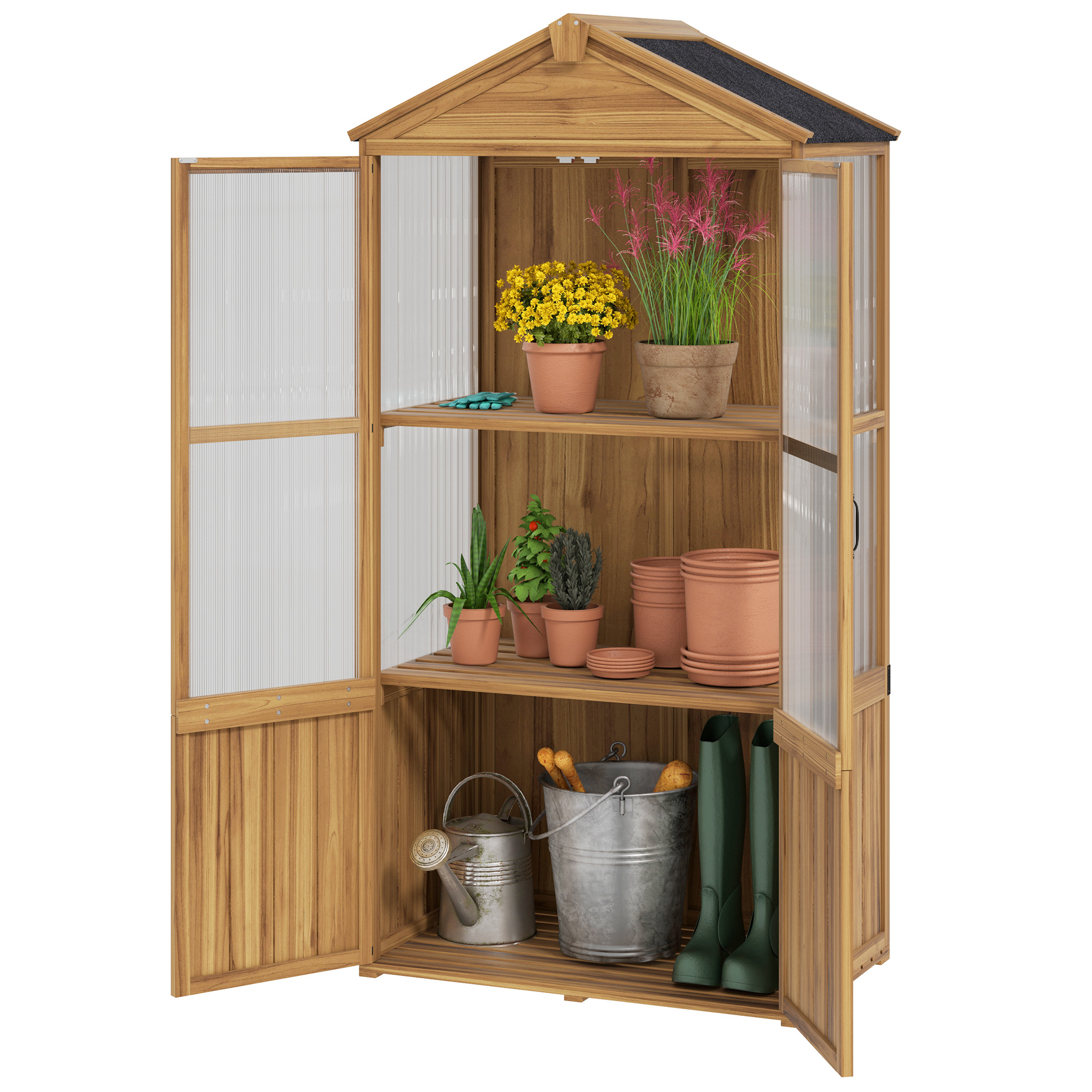 Outsunny Holzgartenhaus Gartenschrank mit Acrylglasplatten herausnehmbare Regale x 55 x 178 cm Natur