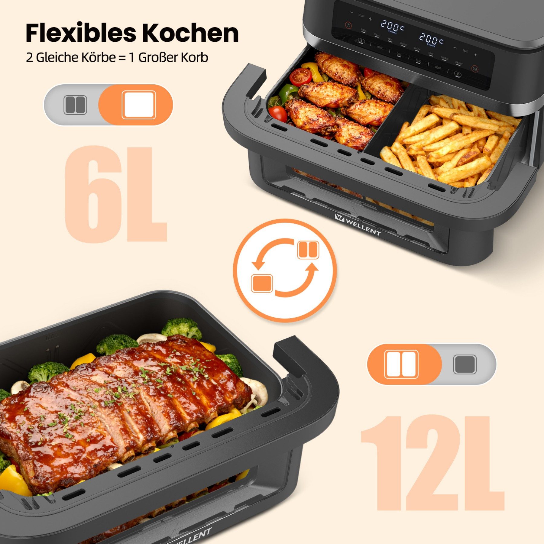 Heißluftfritteuse XXL Airfryer mit herausnehmbarem Trenner, SHAKE‑Erinnerung, Sichtfenster, Sync‑Finish & 8 Programm