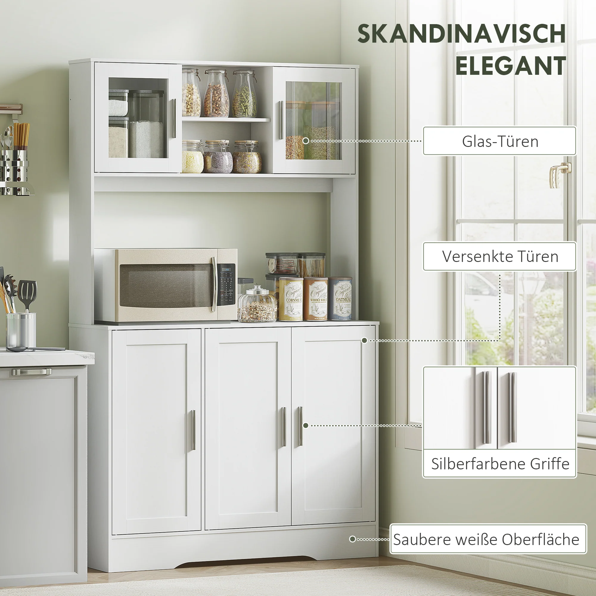HOMCOM Keukenkast, Scandinavisch Design, 4 Kasten, Verstelbare Planken, Glazen Deuren, Open Vak, Spaanplaat, MDF, Wit