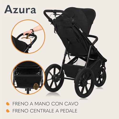 LIONELO AZURA Passeggino per Jogging da 6 mesi a 22kg Passeggino a Tre Ruote, Schienale Regolabile Completamente Reclinabile Grandi Ruote Gonfiabili Sospensione Completa Cappottina XXL : Prima infanzia