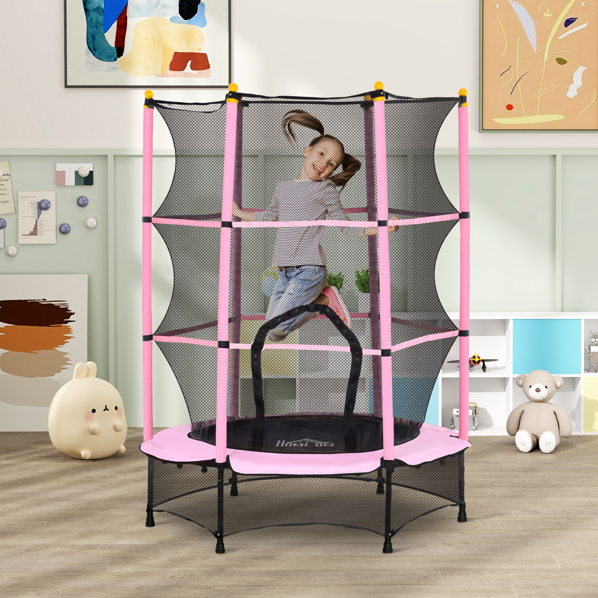 HOMCOM Trampolin für Kinder, Ø140 cm, mit Sicherheitsnetz, für innen und außen, Stahl, Kunststoff, belastbar bis 50 kg, Rosa