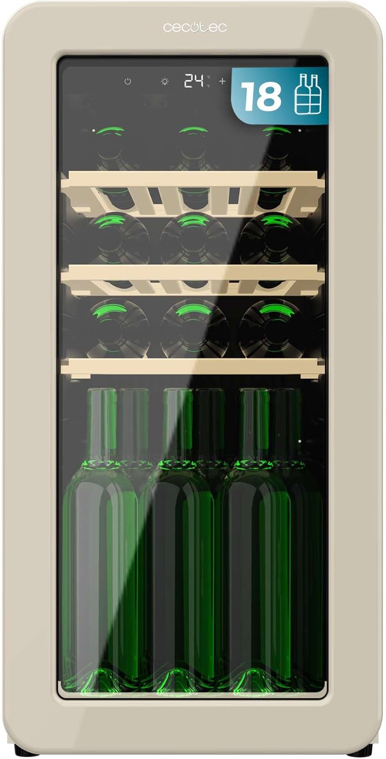 Cecotec Cantina 24 Bottiglie Retro Bolero Grandsommelier Origin 24 Hit Beige, Finitura Beige, Controllo schermo LED, Temp, 5-20oC, NoFrost, Ripiani in legno, Illuminazione interna, Ventilazione