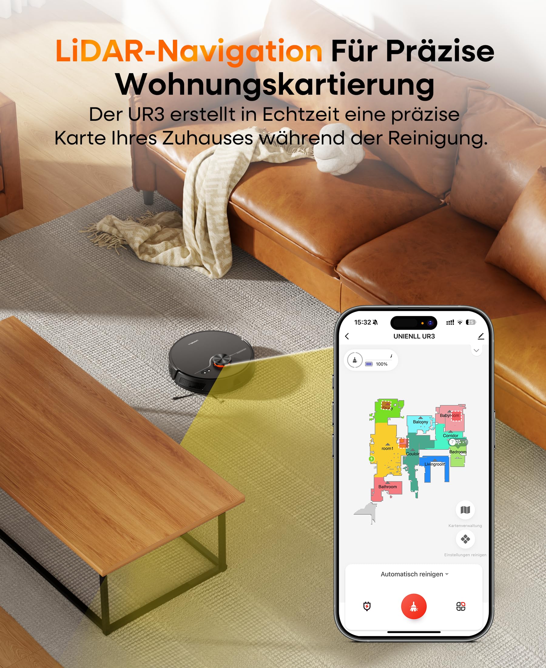 Saugroboter mit Wischfunktion und Absaugstation, 8000Pa, UR3, 3,5L Staubbehälter, 200 Minuten Laufzeit