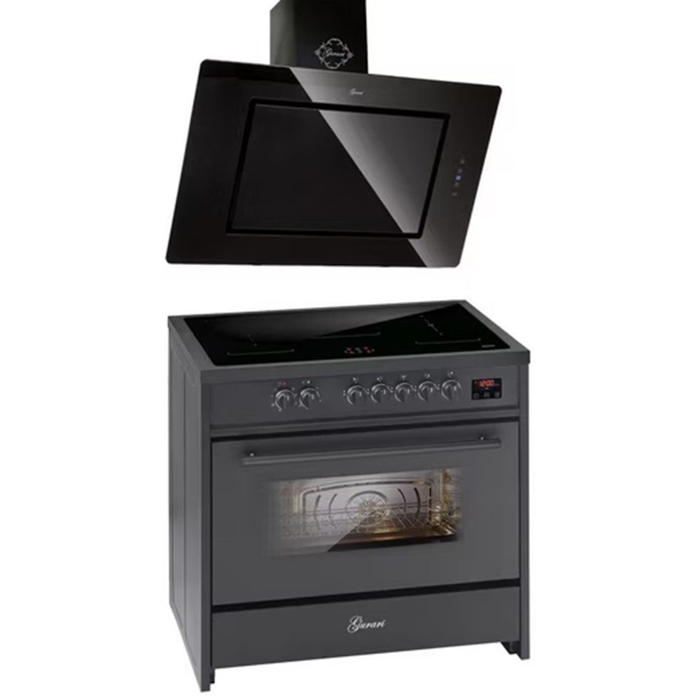 Induktions Herd-Set Induktions Standherd, Range Cooker 90 cm, Schwarz, 5 Kochzonen, 121L+Dunstabzugshaube 90 cm E 913 BL+GCH S 155 BL 90 Prime