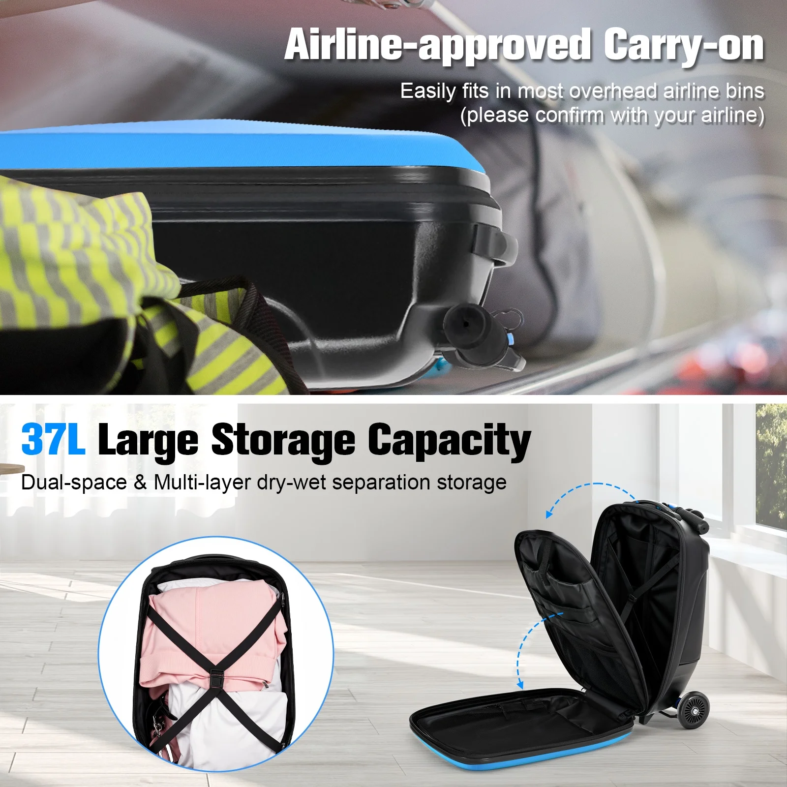 Advwin Scooter Luggage for Kids & Adults, Hardside Ride on Suitcase for Kids Ages 4-15 Multifunctional Lightweight Foldable Carry on Luggage with Wheels Ride on for Children Teenagers, Pink