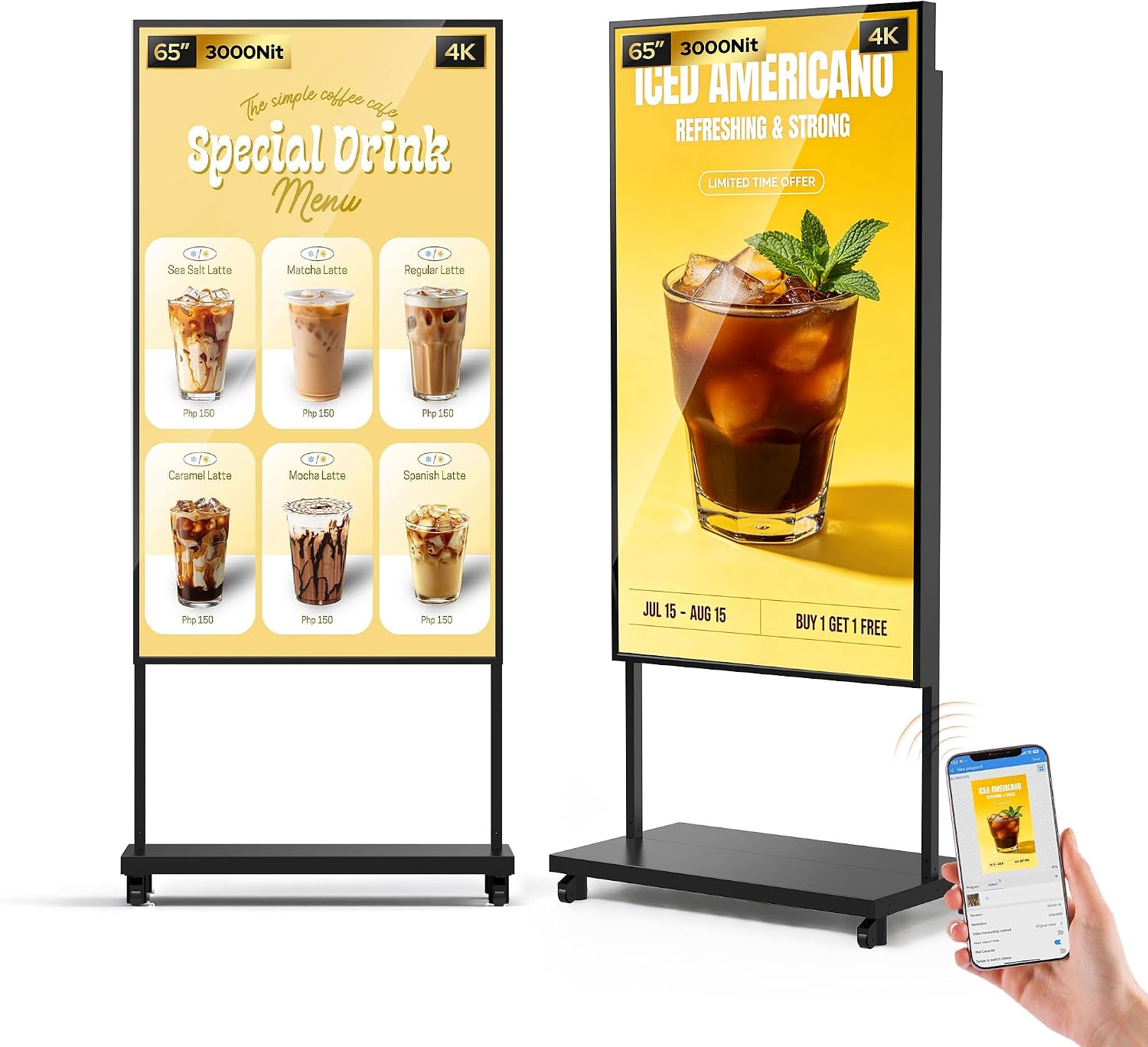 Display Digital Signage, Schermo LCD Ultra Luminoso 3000 Nits, Monitor Pubblicitario Android 14 con Controllo APP & CMS, USB/HDMI/WiFi per Ristoranti, Hotel e Negozi (65 pollici)