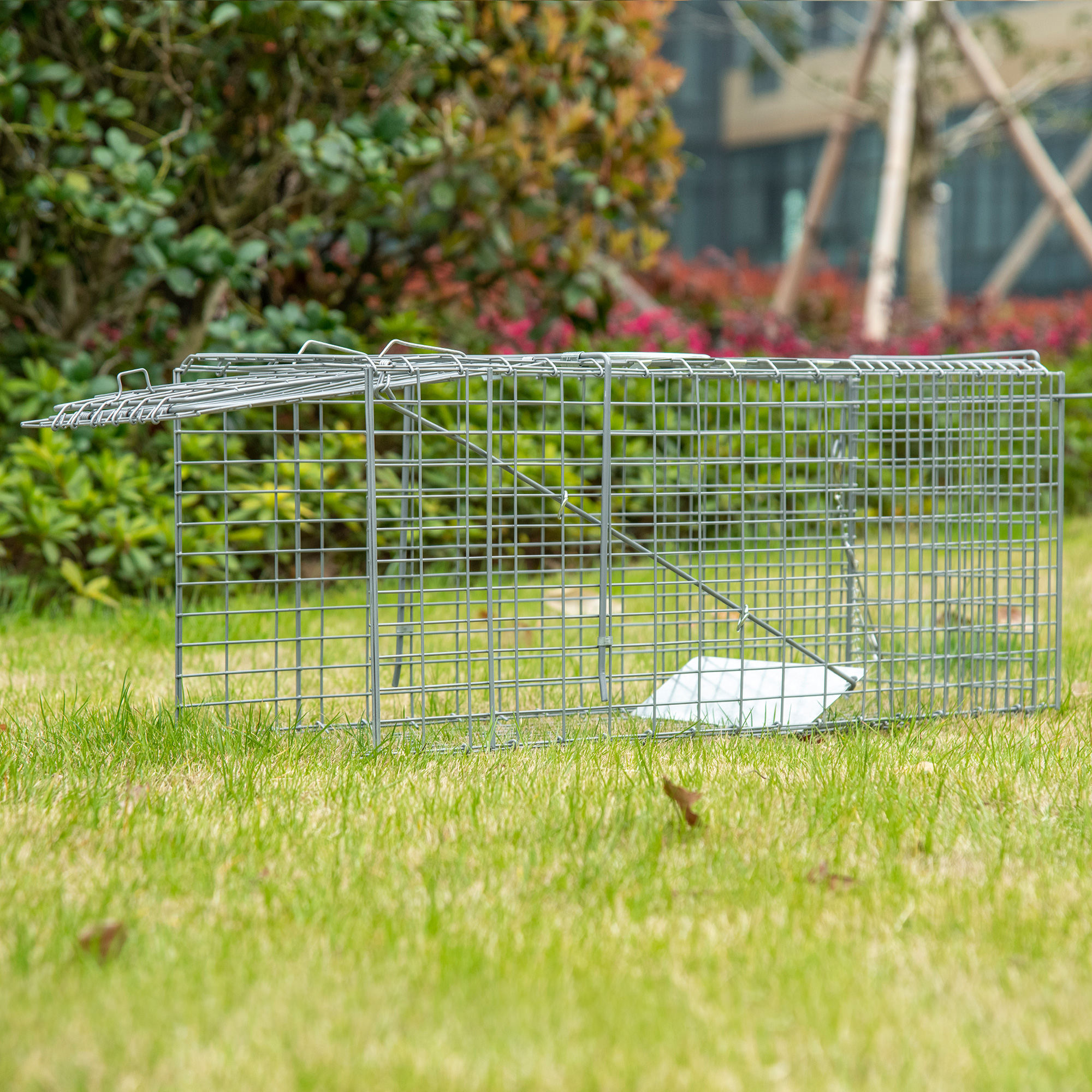 Outsunny Klappbarer Fangkäfig für kleine Tiere wie Ratten und Mäuse - 2 Türen Griff 81 x 26 x 34,5 cm Stahl silber