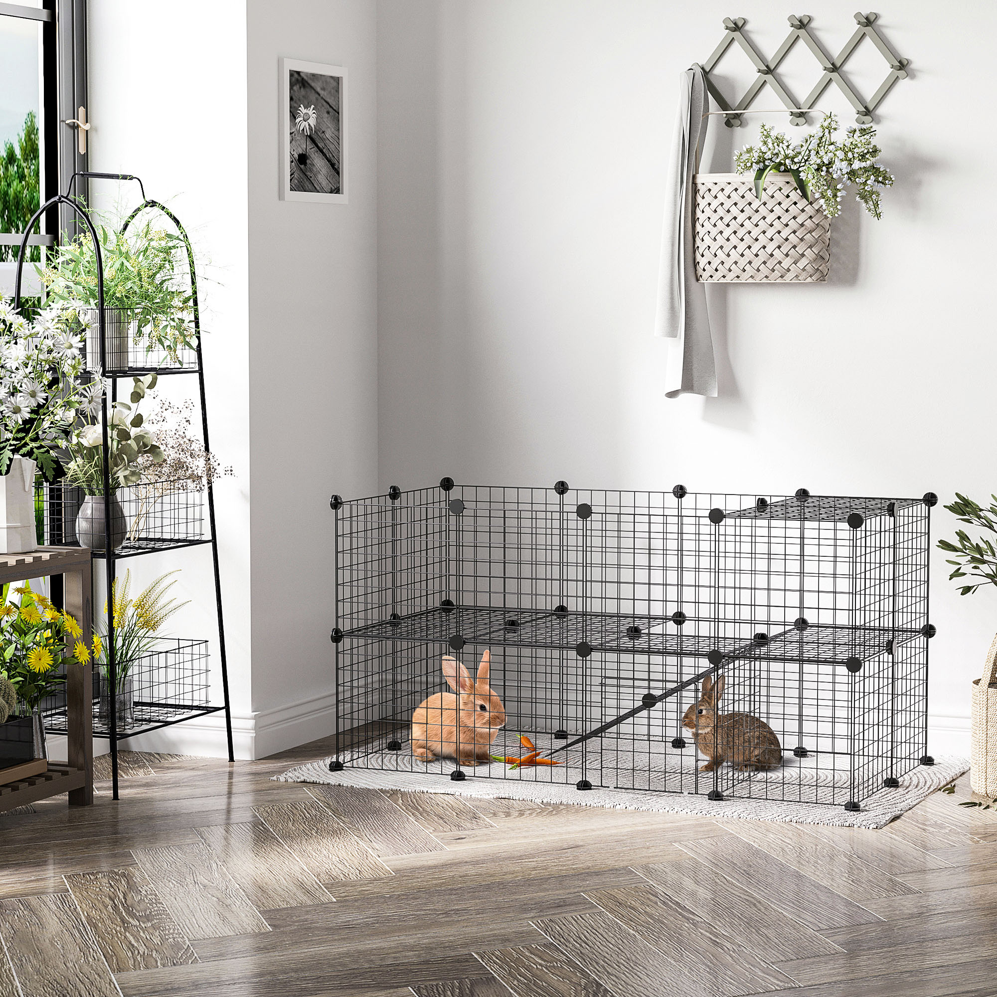 PawHut Freigehege Laufgitter DIY Welpenlaufstall Gittergehege für Kleintier aus Metallgitter Absperrgitter Kleine Haustiere Laufstall für Innen 36 Platten Schwarz 146 x 73 x 73 cm