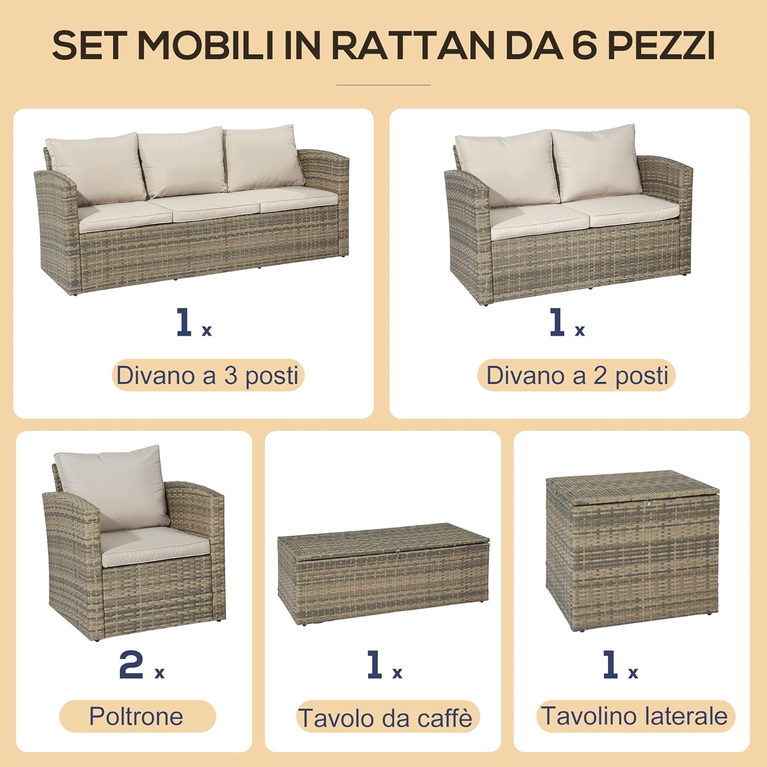 Outsunny Set Mobili da Giardino 6 Pezzi in Rattan, Salotto da Giardino con 2 Tavolini Contenitore, Divani e 2 Poltrone Imbottiti per 7 Persone, Beige