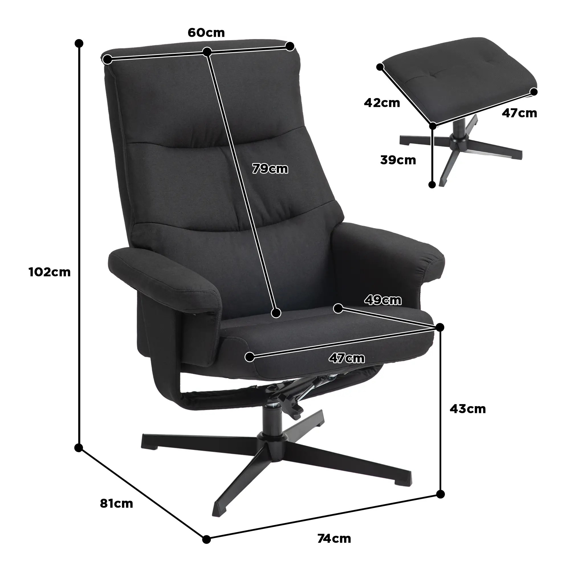 HOMCOM Relaxsessel mit Hocker & Liegefunktion Schwarz