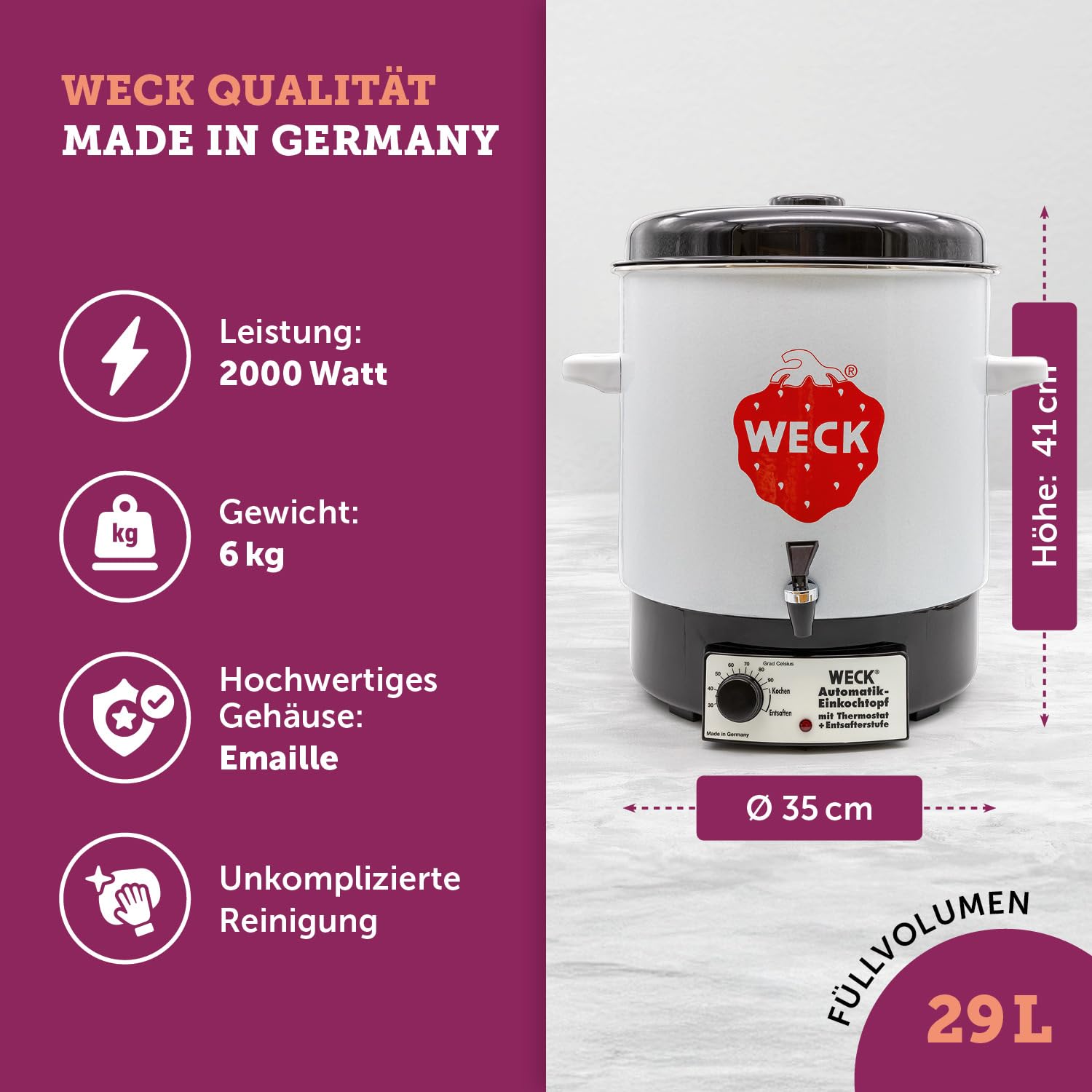 WECK Einkochautomat WAT14A Emaille Präzisionsthermostat Auslaufhahn 29L Dampfentsafter Made in Germany