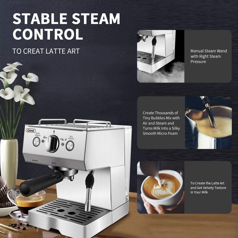 Gevi Silver Stainless Steel Espresso Machine, 15-Bar Pump, 2-Shot Cappuccino Maker, Coffee Brewer