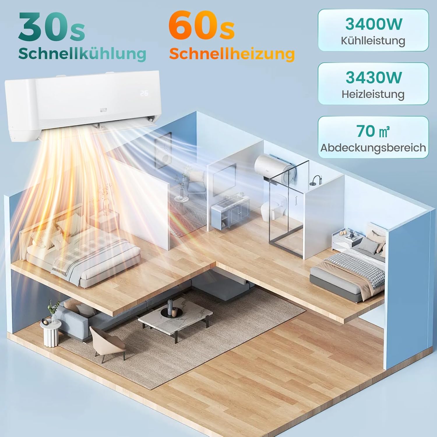 COSTWAY 12000BTU Split Klimageräte, Klimaanlage 3,4kW mit Heizfunktion, Air Conditioner energiesparend inkl. Kupferleitung, Kältemittel R32, Selfclean, Wandmotage für 70m³ Räume