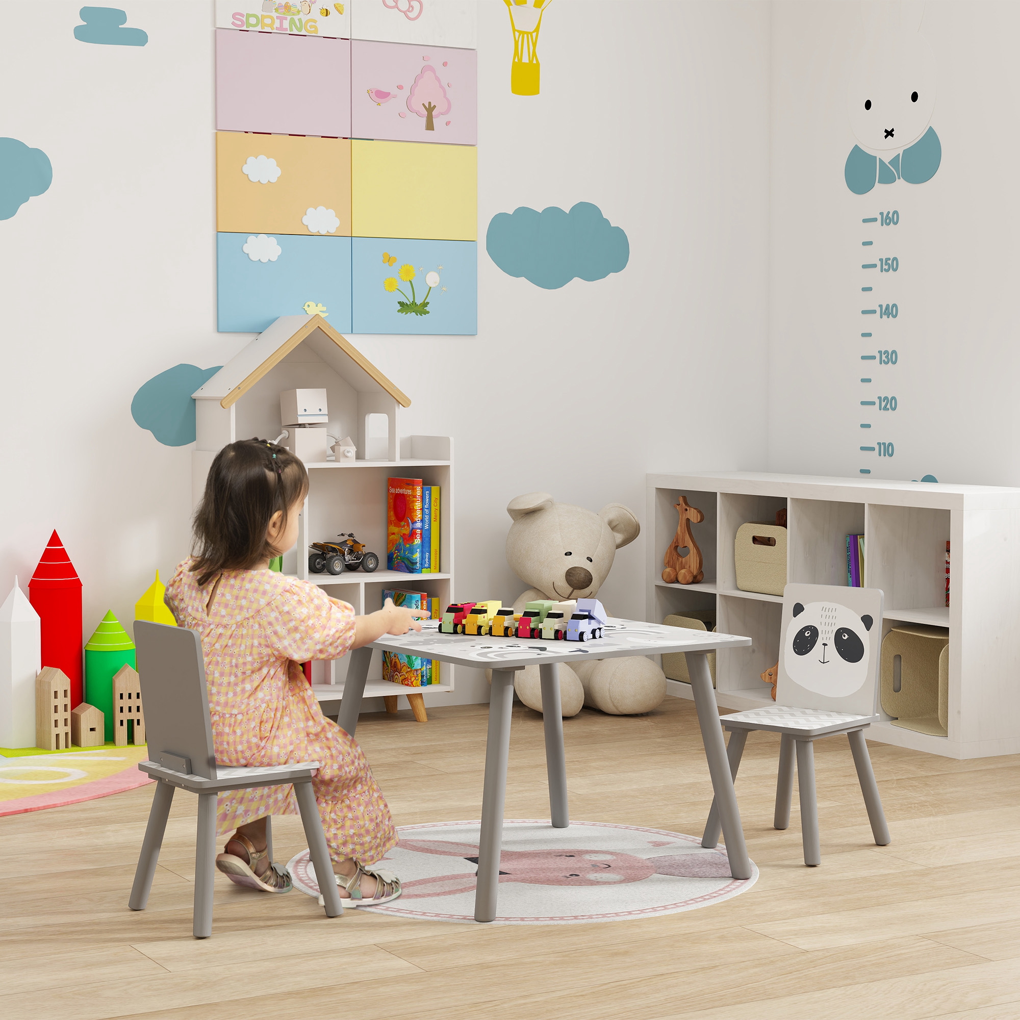 ZONEKIZ Kindertisch und 2 Stühle für Kinder 3-8 Jahre aus MDF und Kiefernholz, Grau