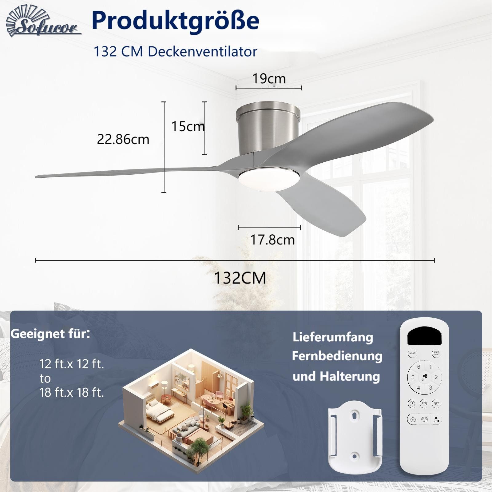 Deckenventilator mit LED-Beleuchtung & Fernbedienung, 3 ABS-Flügel, 132cm