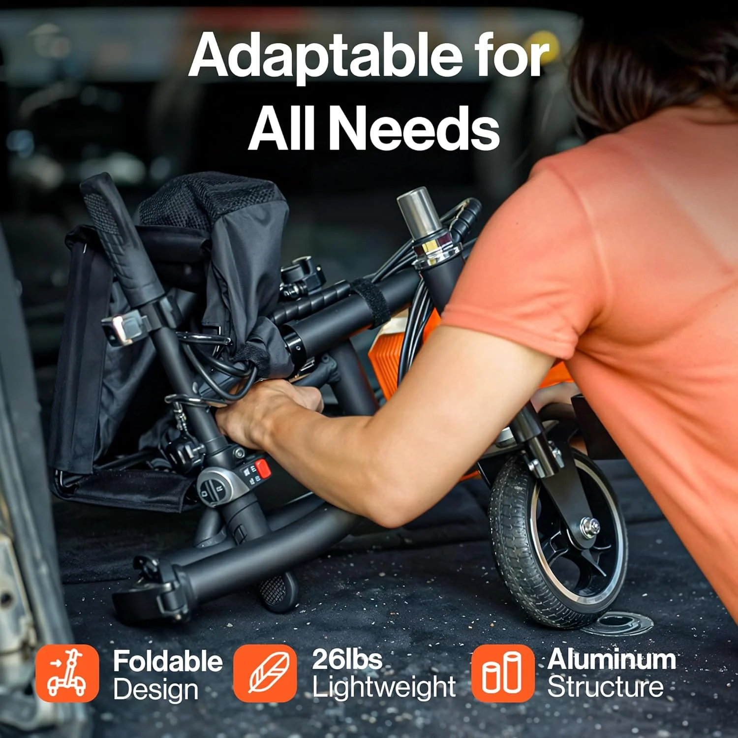 Adult-sized passport-style folding scooter - foldable, three-wheel design, suitable for air travel - range up to 13 miles, equipped with 2 detachable 44.4V lithium-ion batteries and charger (weighing 275 pounds)