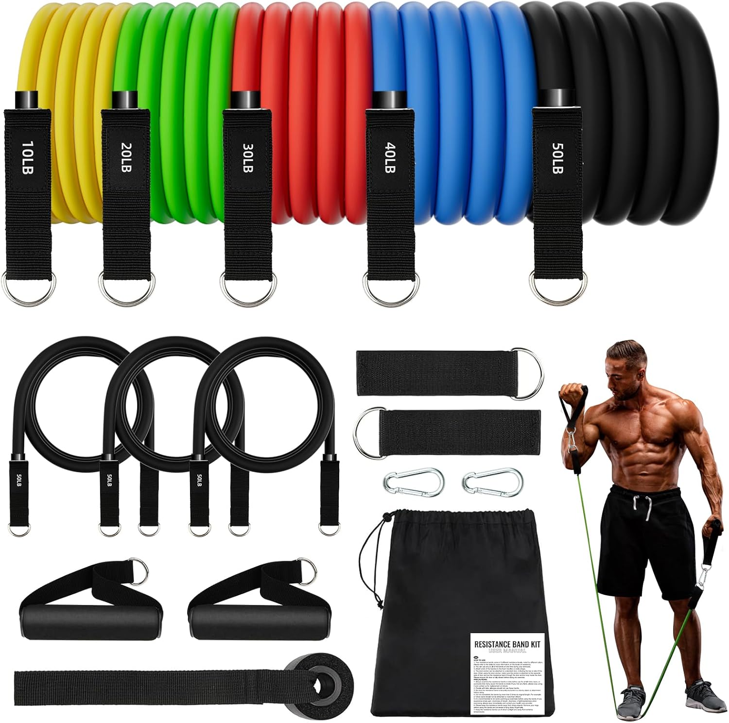 JATEKA Fitness Elastics 5 Elastic Bands Gym Fitness Bands Set Resistance Bands for Men's Breastplates 150 lb for Yoga, Pilates
