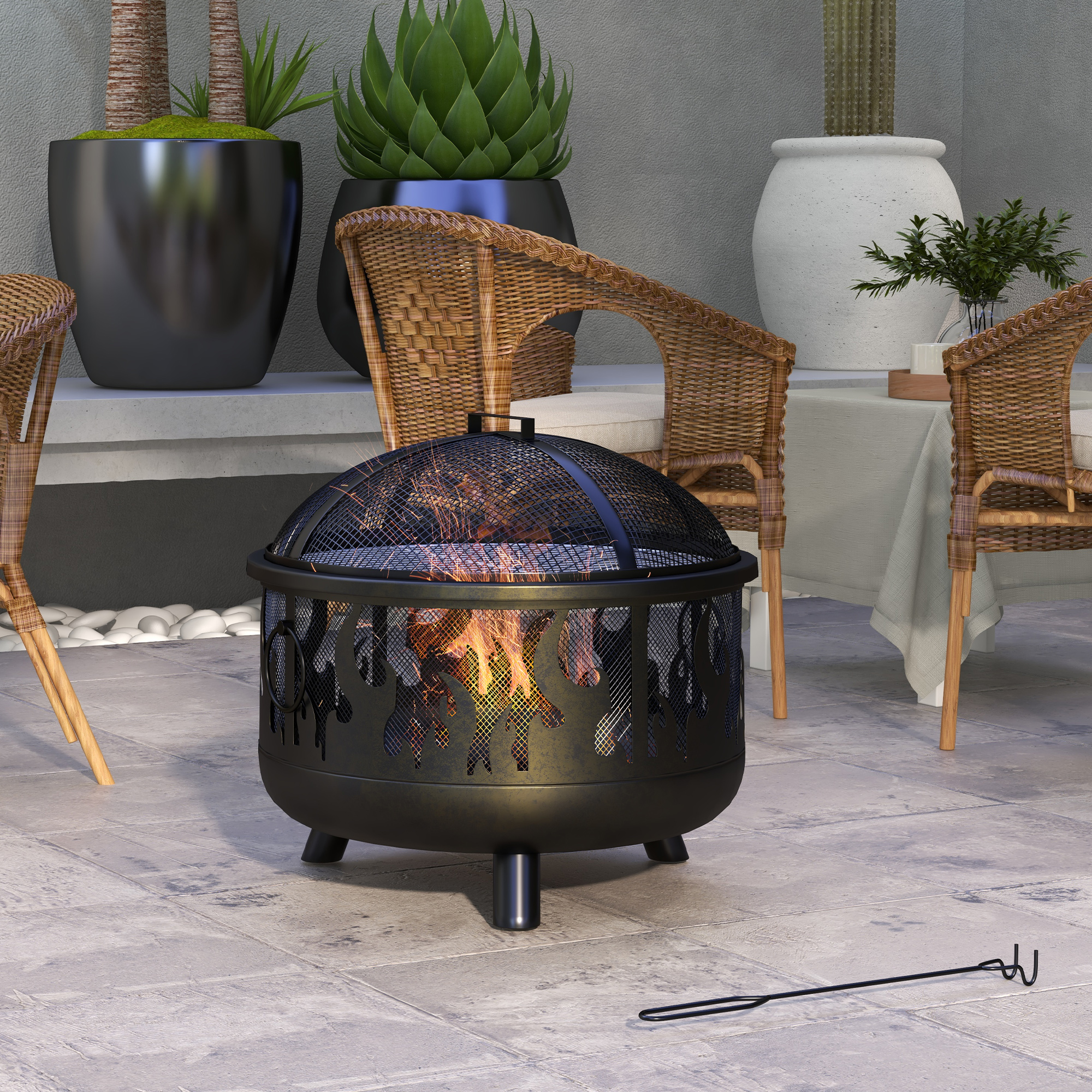 Outsunny Feuerschale Feuerstelle, inkl. Funkenschutz, 1 Schürhaken, Ø61,5 cm x 52 cm, Schwarz