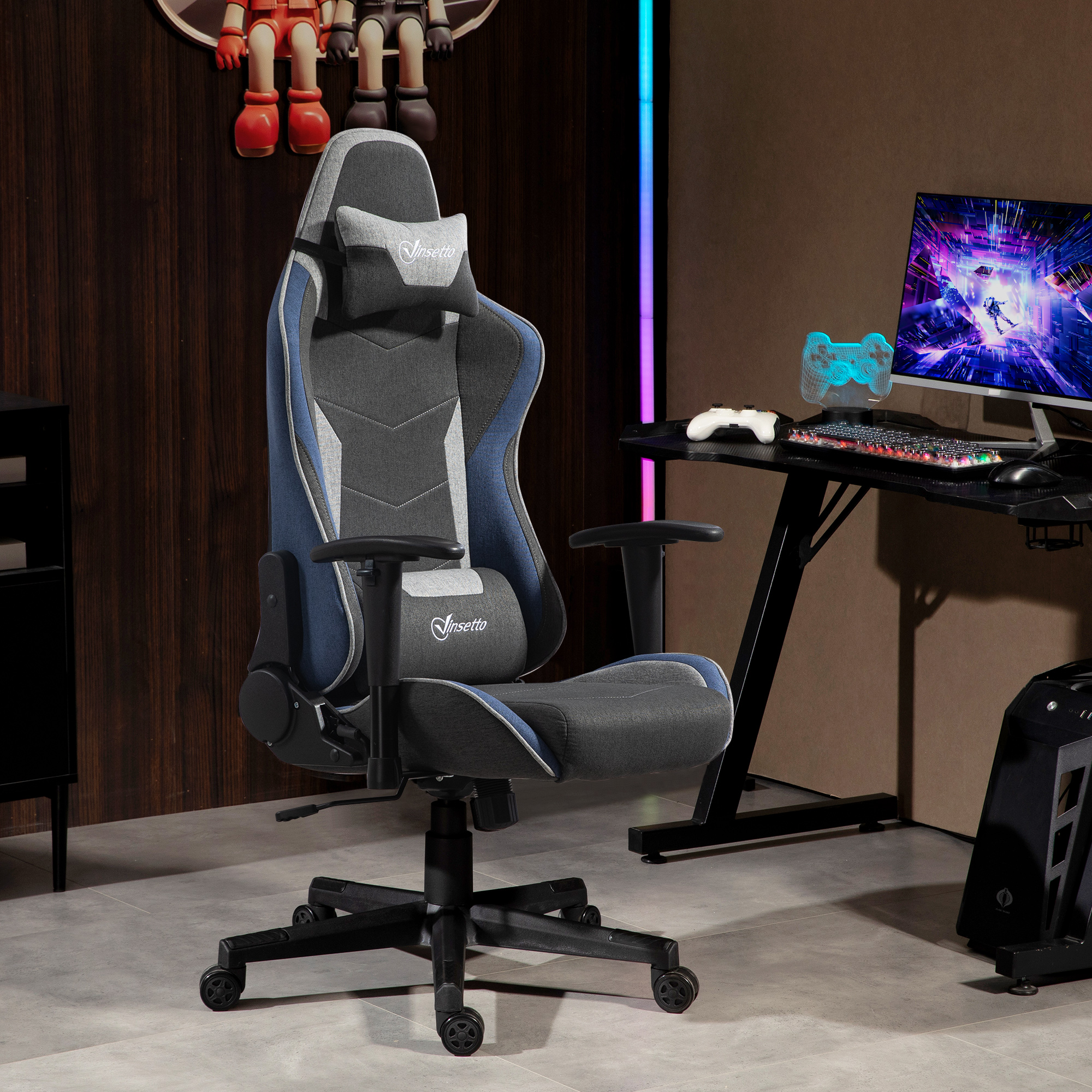 Vinsetto Gaming Stuhl mit 150°-Neigungswinkel und Wippfunktion, aus Leinenstoff, 66x53x128-138 cm, Grau