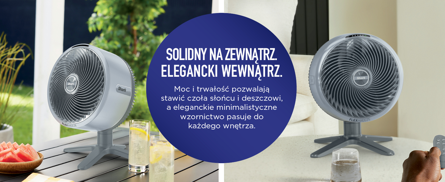 Tekst brzmi „SOLIDNY NA. ELEGANCKI WYGLĄD. ' Okrągły wentylator elektryczny pokazany w pomieszczeniach z niebieską okrągłą nakładką tekstową.