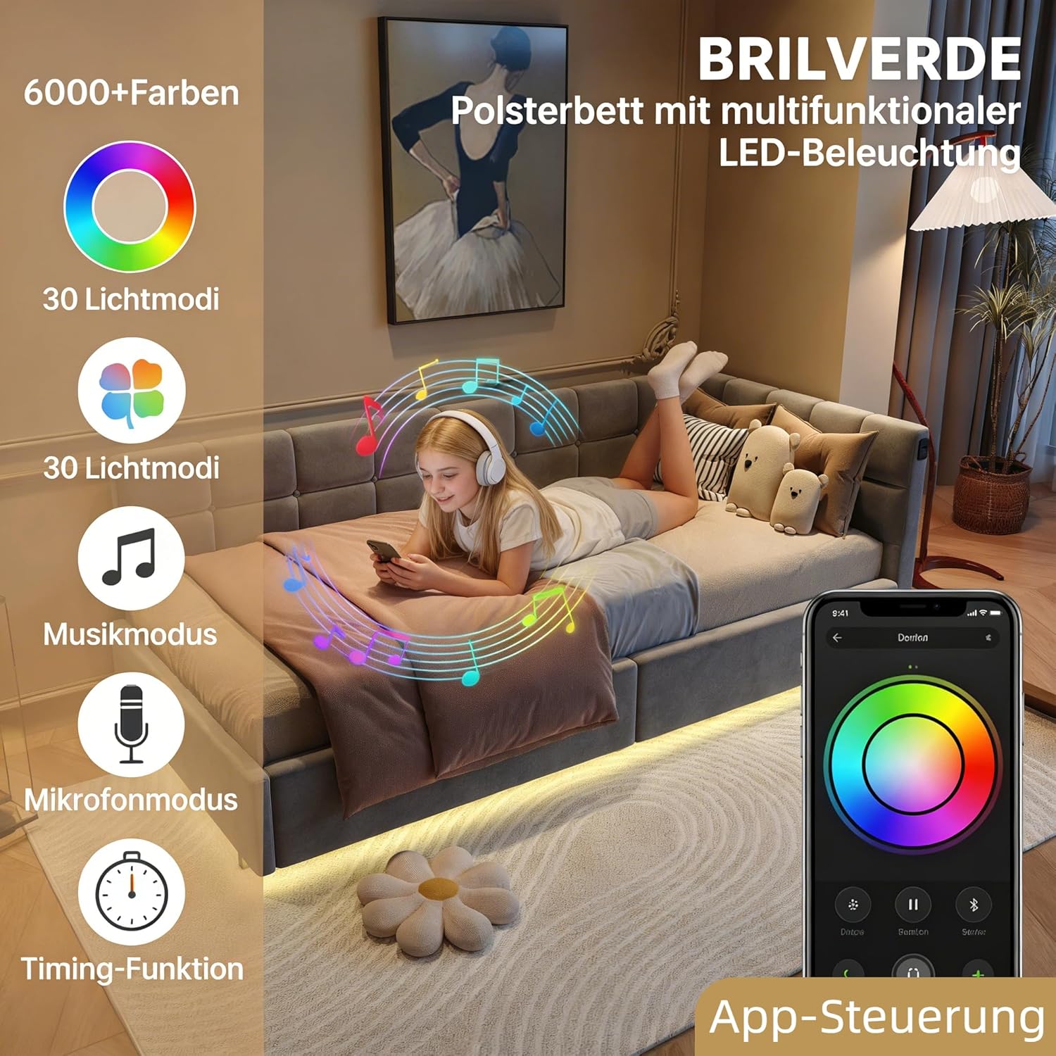 Einzelbett 90x200 mit Stauraum, Polsterbett mit LED/USB, Bettgestell mit Lattenrost und kopfteil, Bettrahmen für Jugendliche, Samt (Grau, 90 x 200 cm)