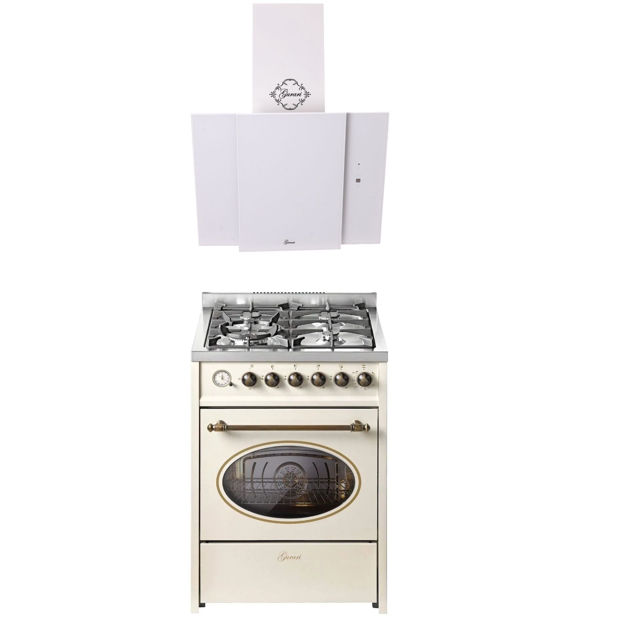 Gas-Standherd Retro Gas Elektro Standherd 60 cm Erdgas Fl.Gas 4 Kw WOK, 8 Funktionen+ Dunstabzugshaube 60 cm E 614 Cr r+GCH S 171 60 WH PRIME N
