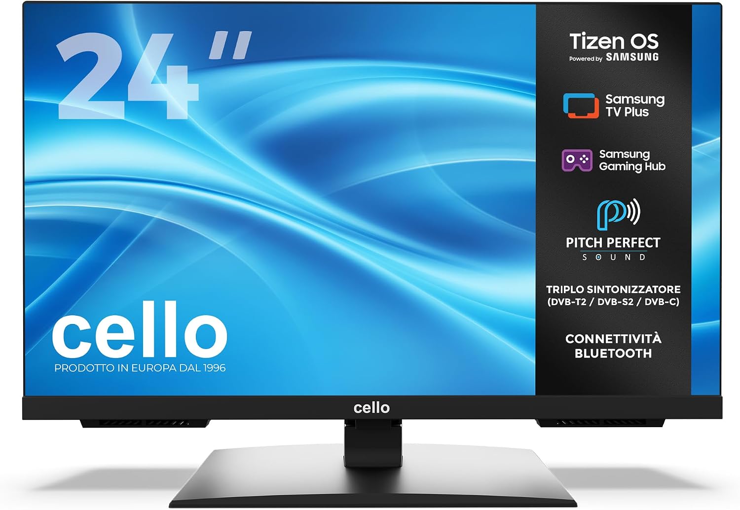 Cello C2426TZH TV LED Smart da 24' senza cornice con Tizen OS di Samsung, Bluetooth, Gaming Hub, altoparlanti Pitch Perfect, ideale per cucina, camera da letto e piccoli spazi, triplo sintonizzatore