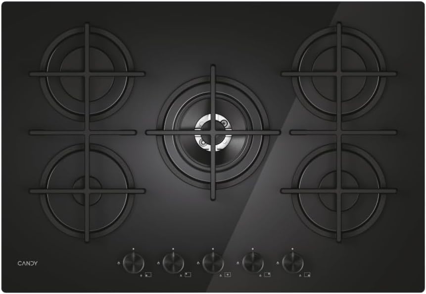 Candy Modern Gas On Glass 5 Burner Gas Hob, Tempered Glass, Double Crown Burner, Dishwasher-Safe Grills, HxWxD 0.8 x 74.5 x 51 cm, Black - CVG74WTB