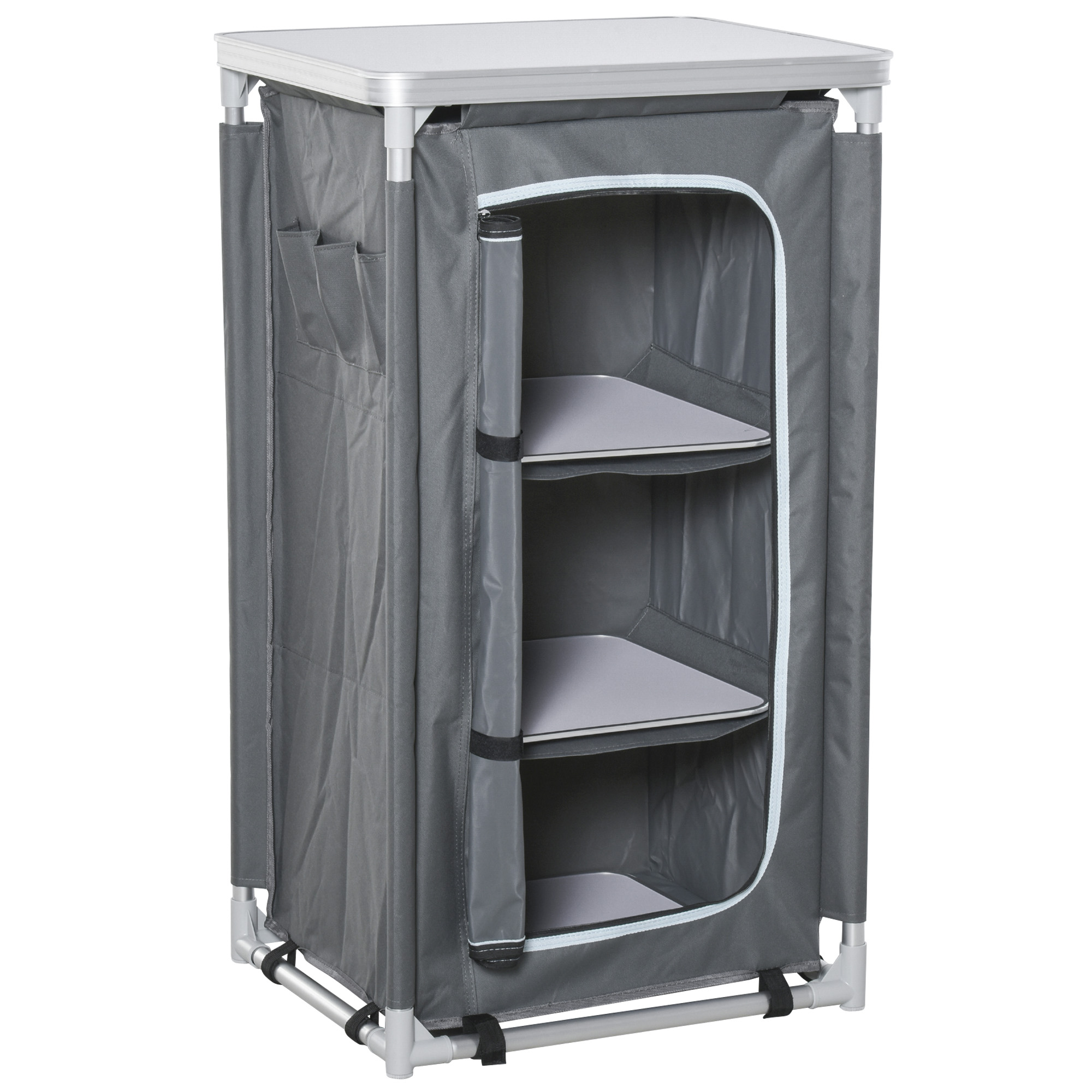 Outsunny Campingschrank faltbar Küchenbox tragbar mit Arbeitsplatte Tragetasche 3 Ablagen 600D Oxford Stoff Grau 60 x 50 x 104,5 cm