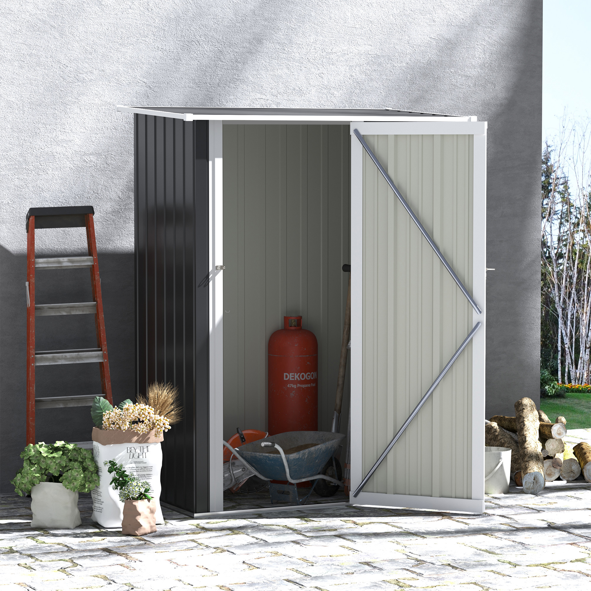 Outsunny gereedschapsschuur tuinhuisje gereedschapsschuur met deur buiten staal donkergrijs 142 x 84 x 189 cm