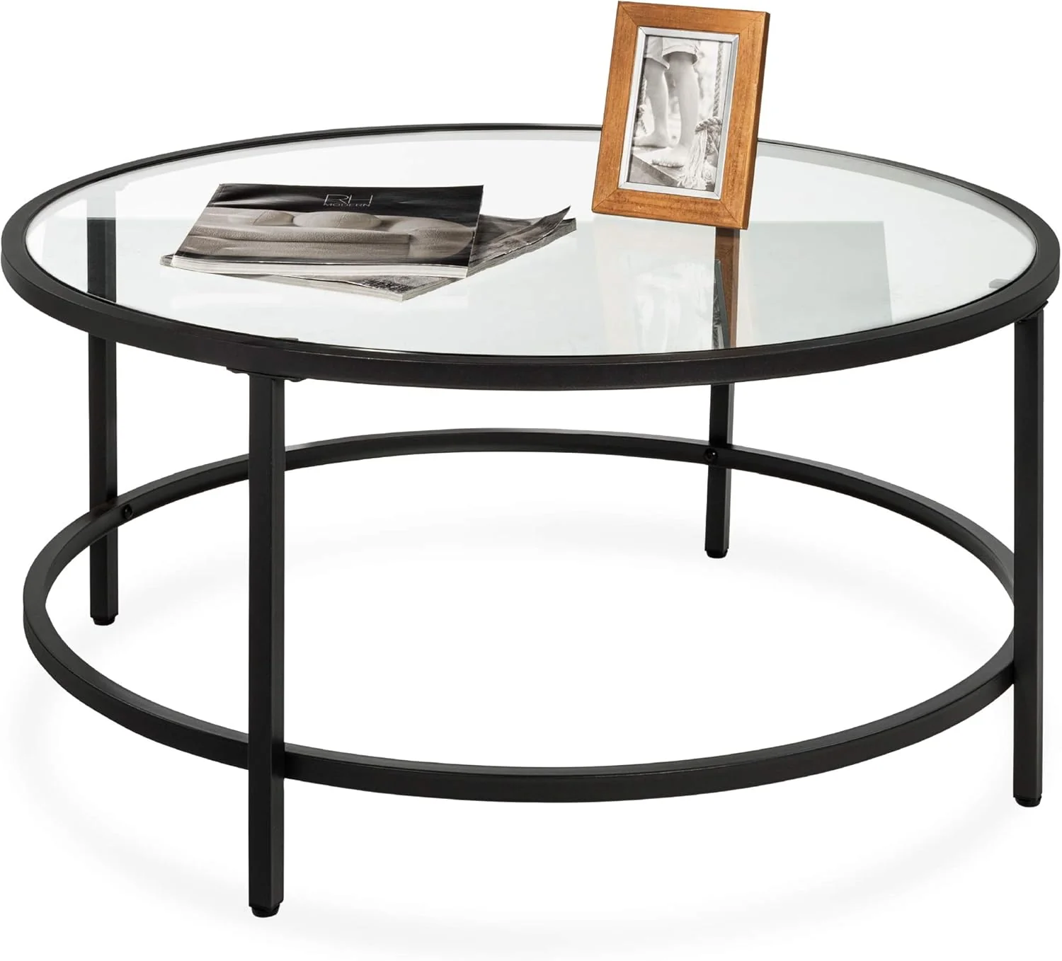 36in Round Tempered Glass Side Coffee Table with Metal Frame