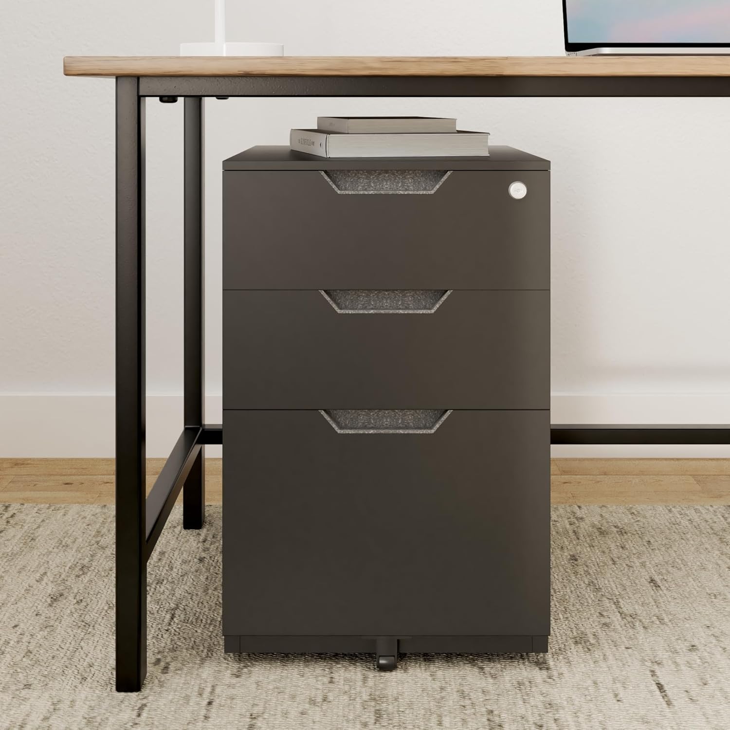Amazon Basics 3-Drawer Mobile File Cabinet with Lock, Rolling Filing Cabinet for Hanging Files, Black, 20.71" D x 15.51" W x 24.29" H | With Lock