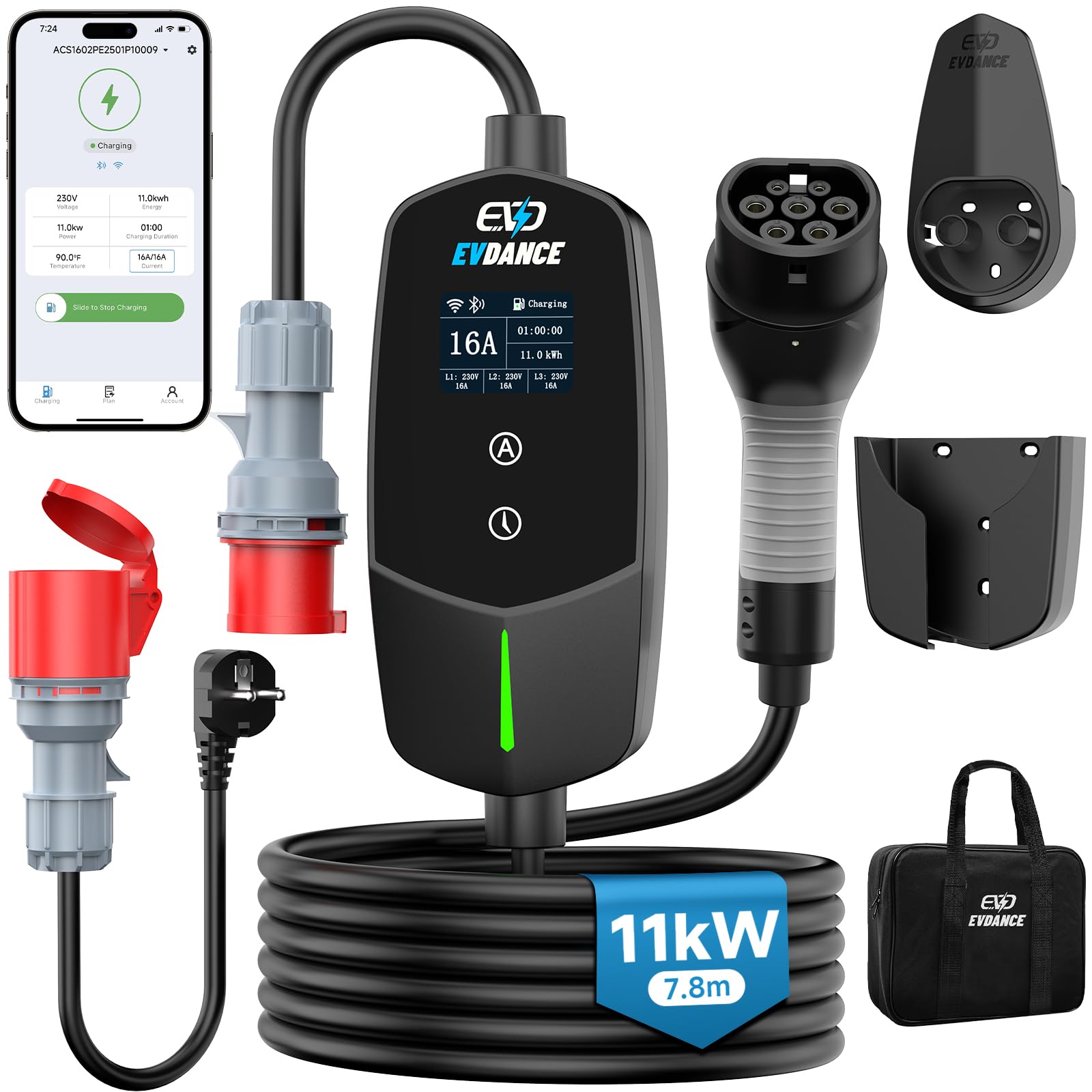 Mobile Wallbox 11 kW Typ 2 6–16 A einstellbar IP66 WLAN App-Steuerung Ladezeit 1–12 Stunden