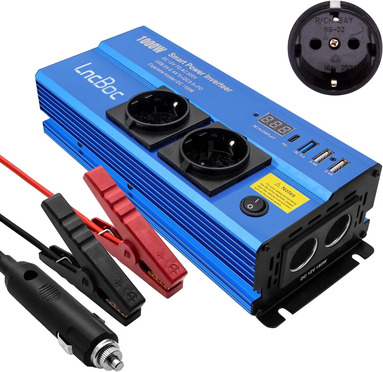 LncBoc Inverter 12v 220v 1000W Inverter Trasformatore Caricatore per Auto + 2 Presa di Alimentazione Standard Europen + 4 Porte di Ricarica USB(1 QC3.0 Caricabatterie Rapido,1 PD, 2 USB Porte 2.4A)
