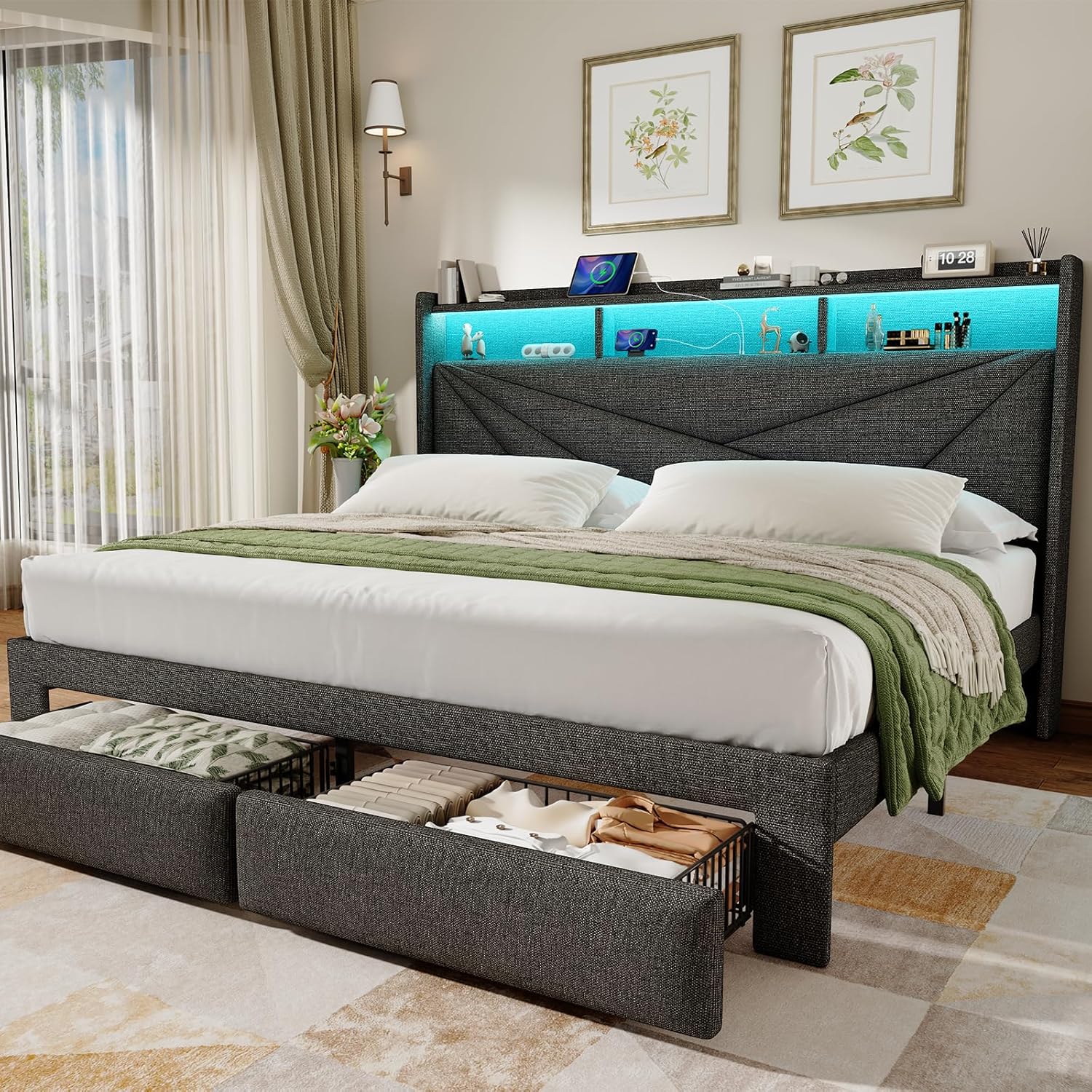 King Size Bed Frame with 2-Tier Storage Headboard, Upholstered King Bed Frame with 2 Drawers, Charging Station and LED Lights, No Box Spring Needed, Easy Assembly - Dark Grey
