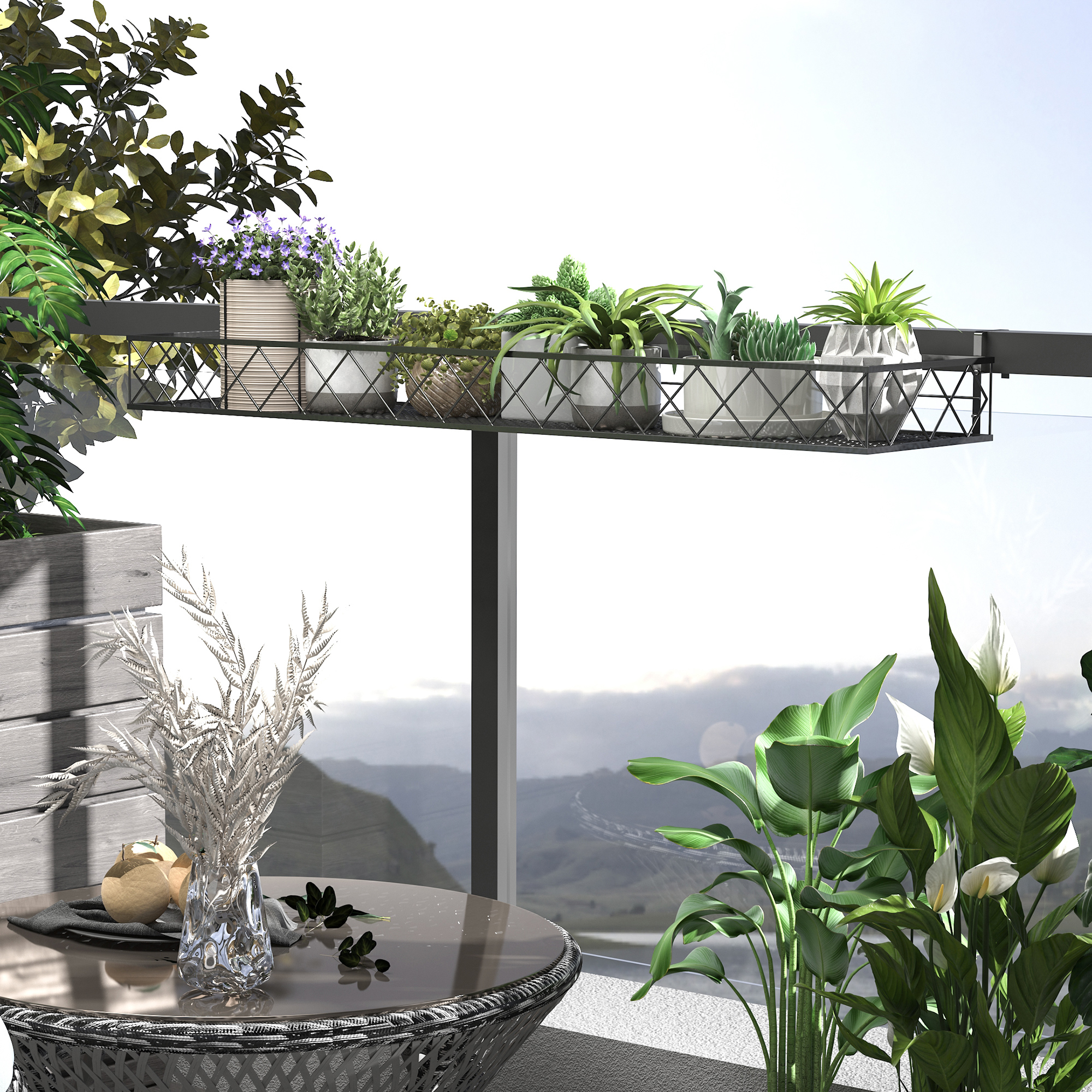 Outsunny Balkon-Blumenkasten Blumentopfhalter mit Geländerhaken aus Metall, 100x31x12cm, Schwarz