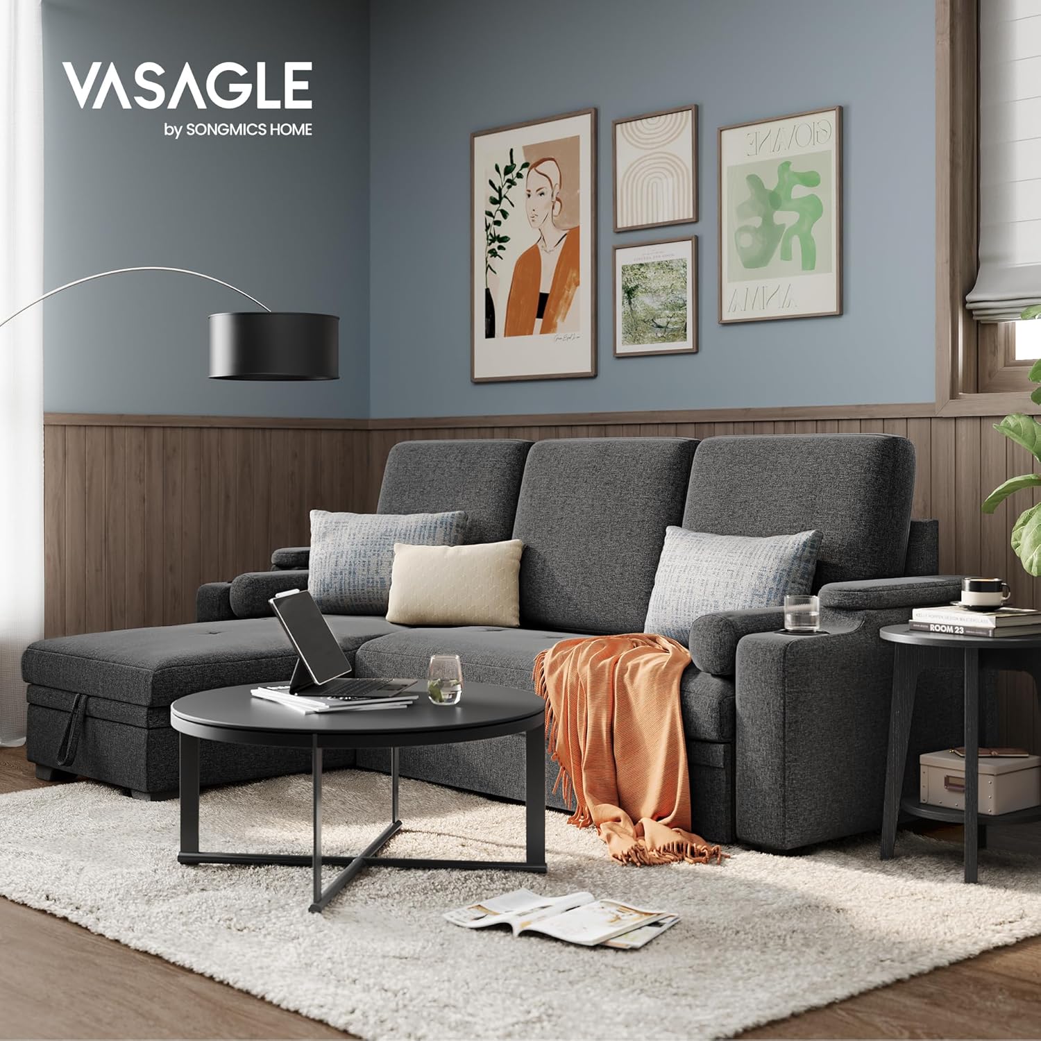 VASAGLE Schlafsofa, Schlafcouch, Bettsofa mit Stauraum, Polstermöbel, Bezug aus Baumwoll-Leinen-Mischgewebe, Becherhalter, modern, Gästezimmer, grau LCS801G01