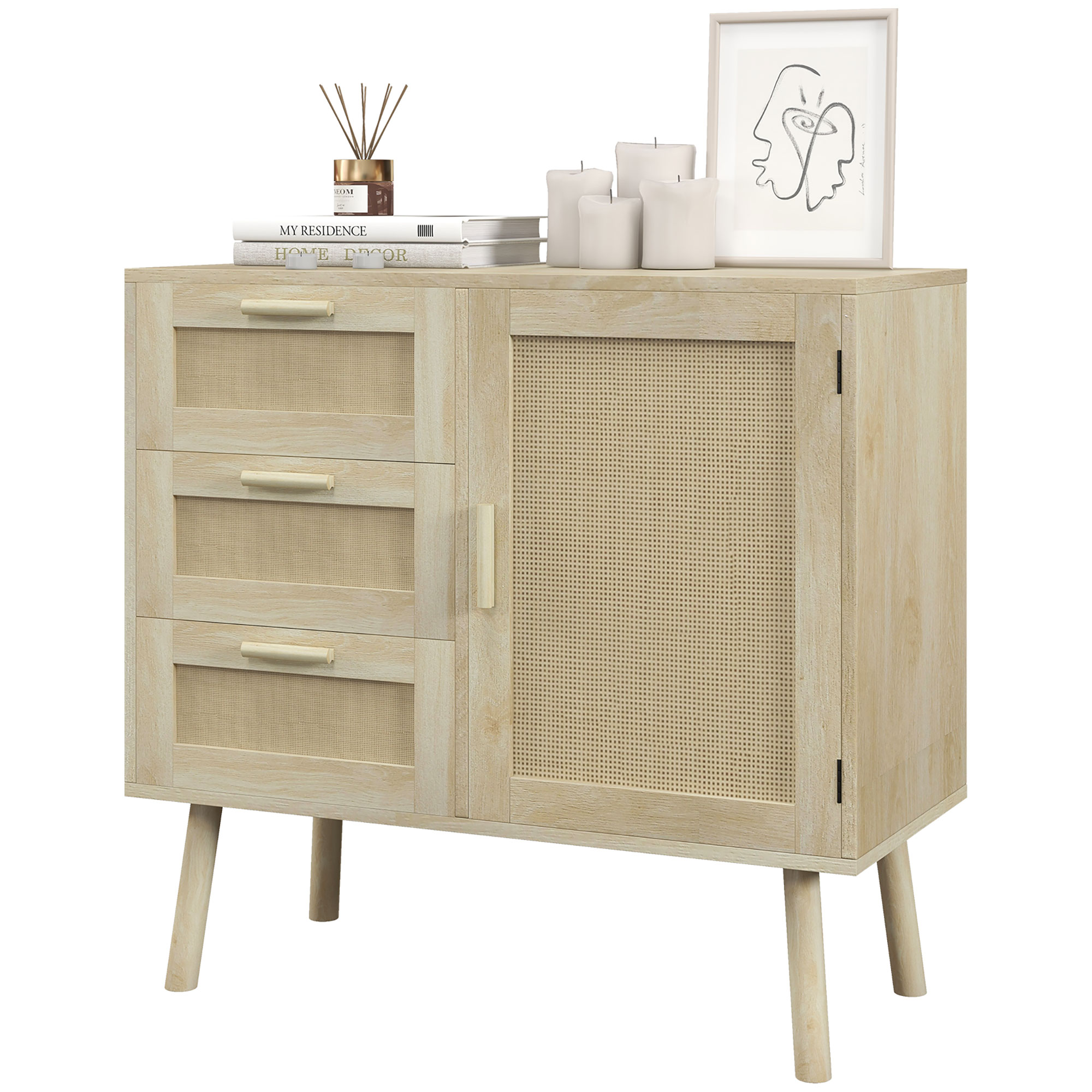 HOMCOM Schrankmöbel im bohemianischen Stil mit 3 Schubladen und 1 Tür mit Rattanfronten - Abm. 80L x 36B x 75H cm