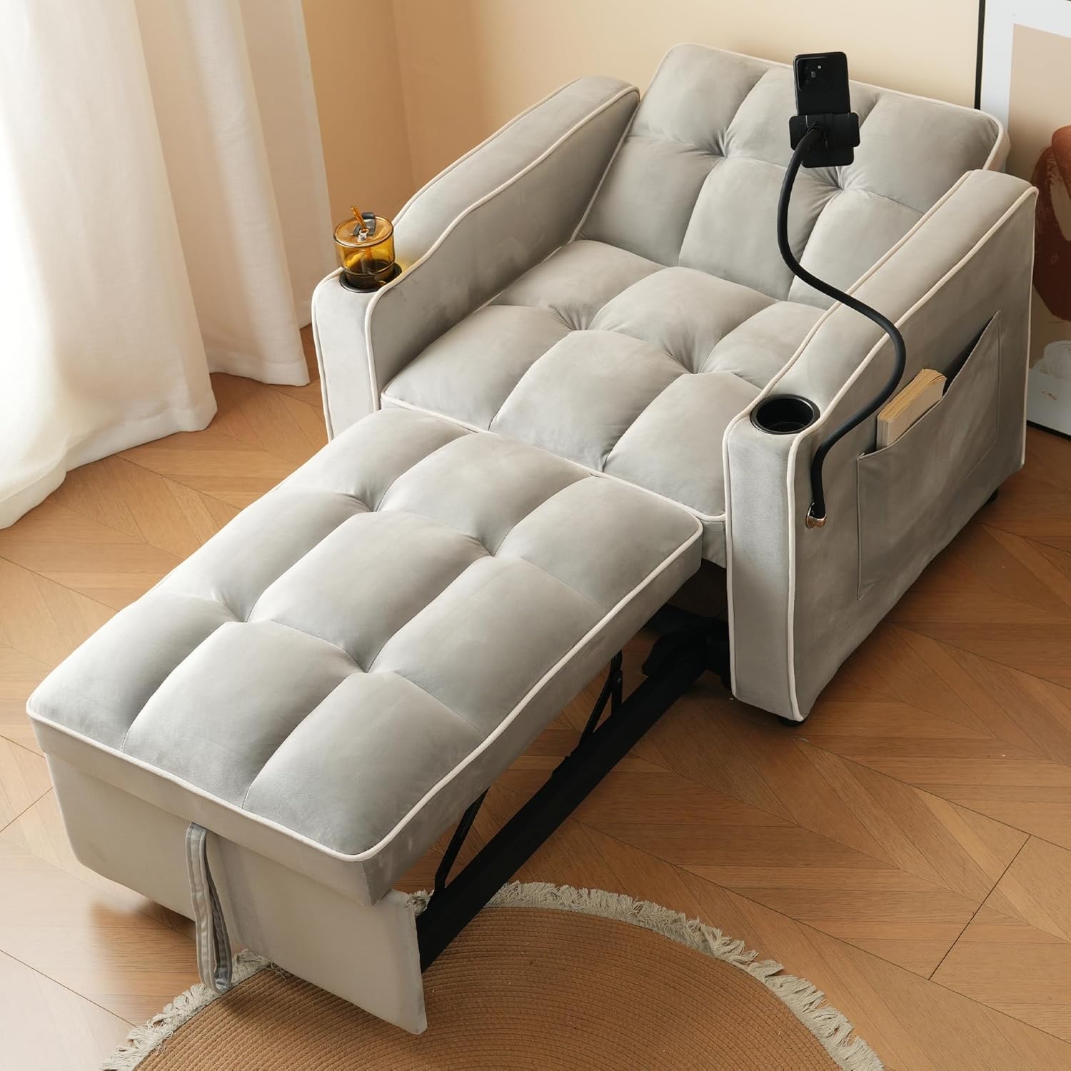 Wiuzo Divano letto singolo allungabile 3 in 1, con portabevande e supporto per cellulare, poltrona reclinabile, sedia da riposo, poltrona, 83 x 167 x 76 cm (grigio antico)