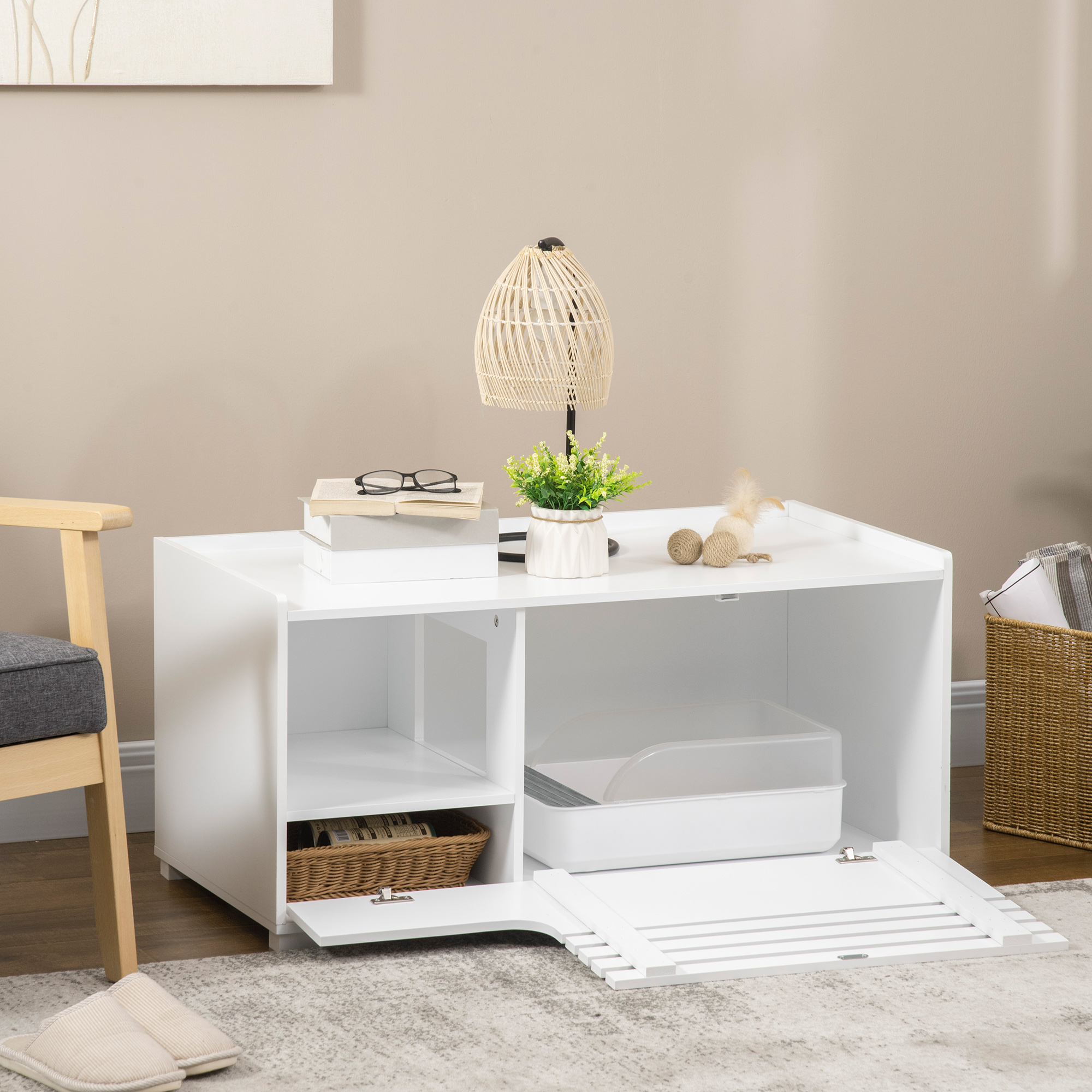 PawHut Katzenschrank mit 2 Regalen 2-in-1 Design Magnettür Weiß