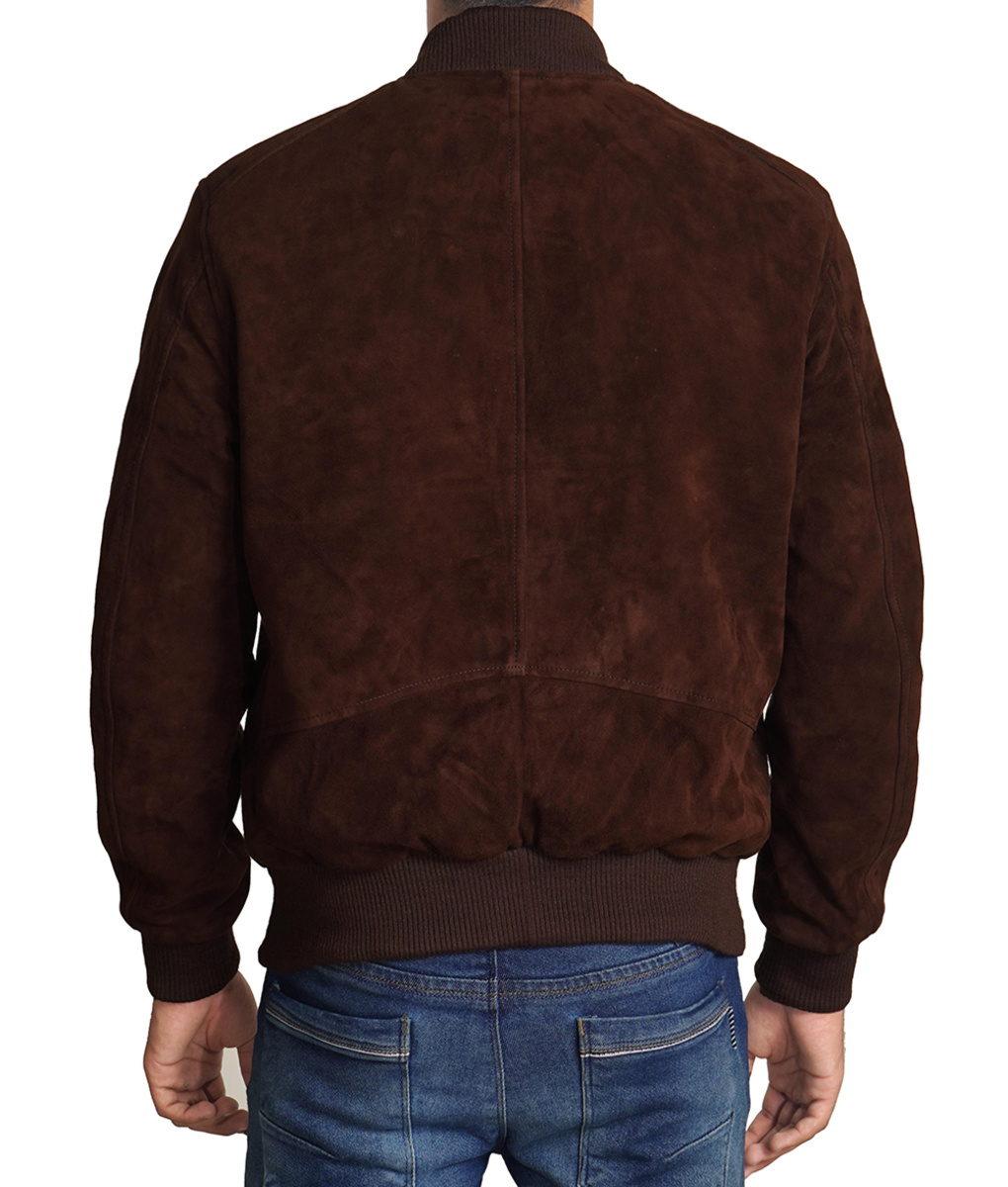 Mens Dark Brown Suede Leather Bomber Jacket