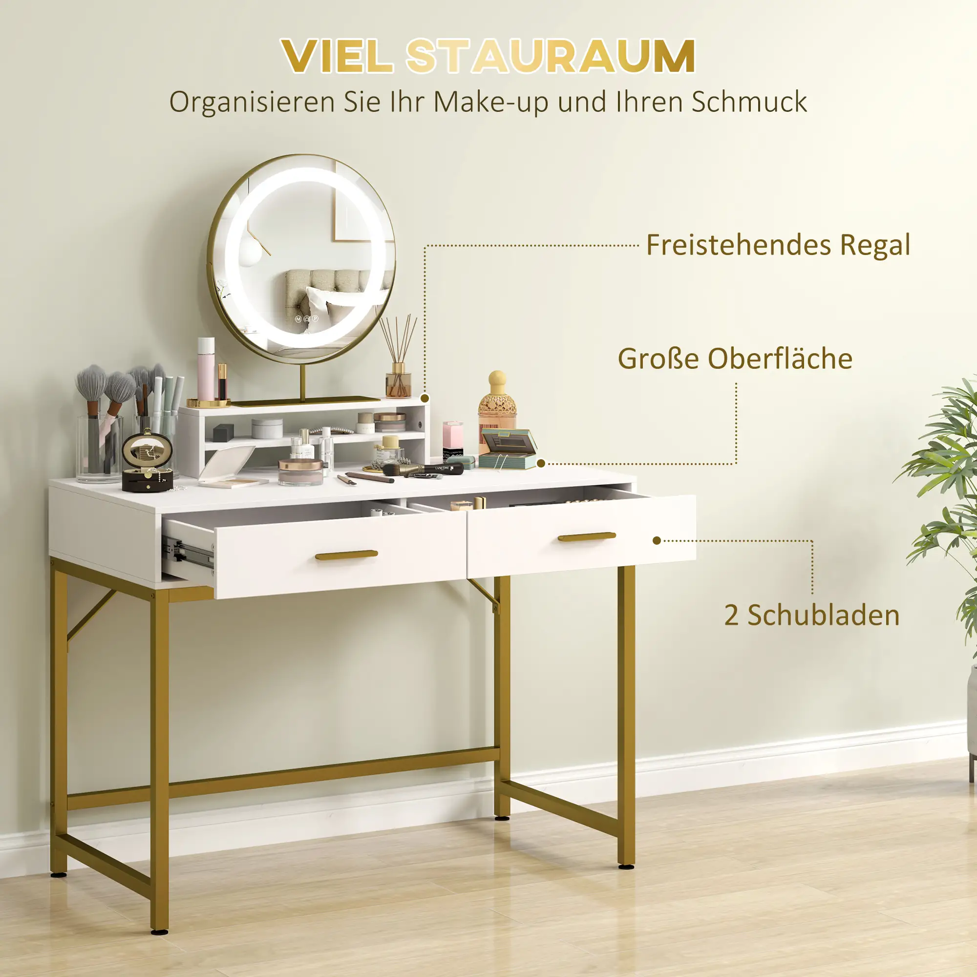 HOMCOM Schminktisch mit LED-Beleuchtung und 360° drehbarem Spiegel Weiß
