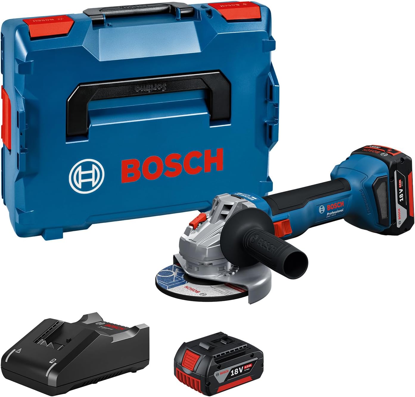 Bosch Professional 18V System Akku-Winkelschleifer GWS 18V-8 (Scheibendurchmesser 125 mm, inkl. 2x Akku GBA 4.0Ah, Ladegerät GAL 18V-40, L-BOXX)