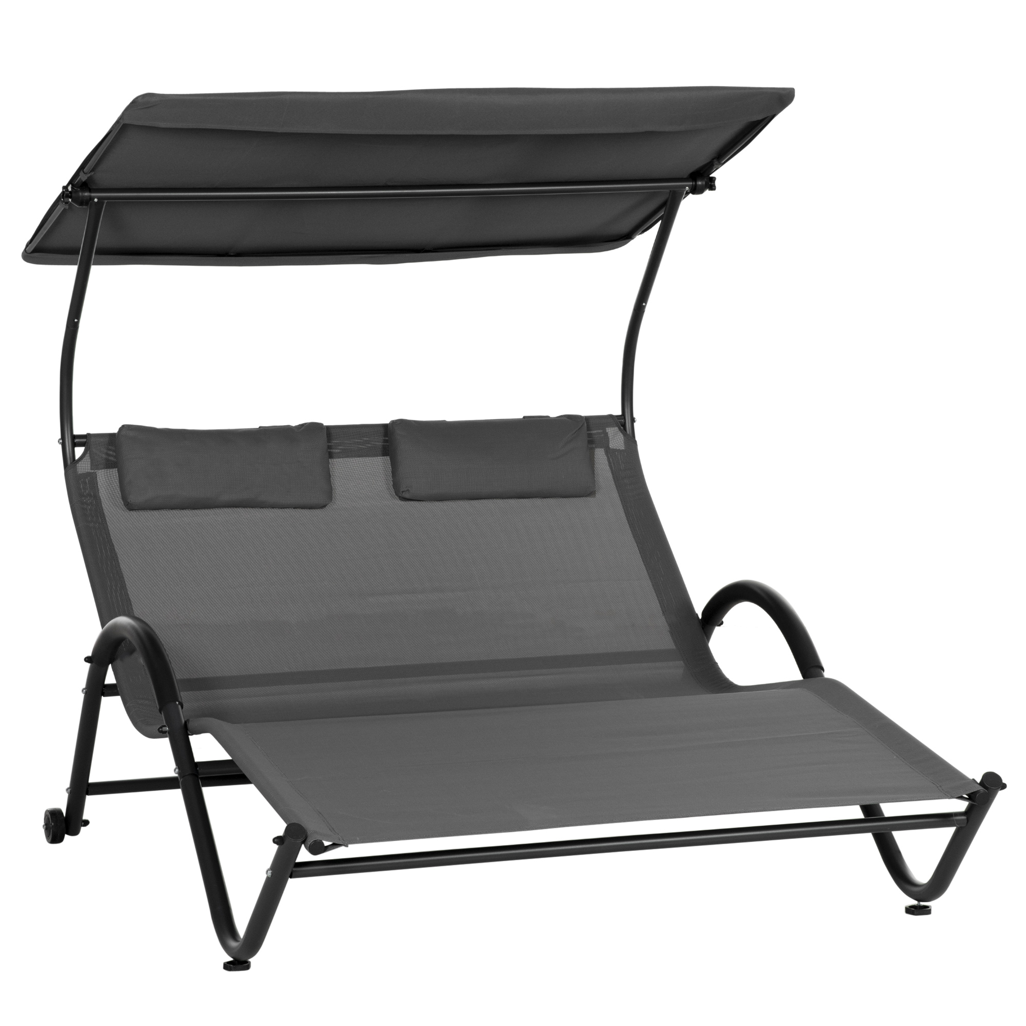 Outsunny Sonnenliege Sonnenbett Liegestuhl mit Baldachin, Kopfkissen und Rollen aus Stahl und Polyester Dunkelgrau