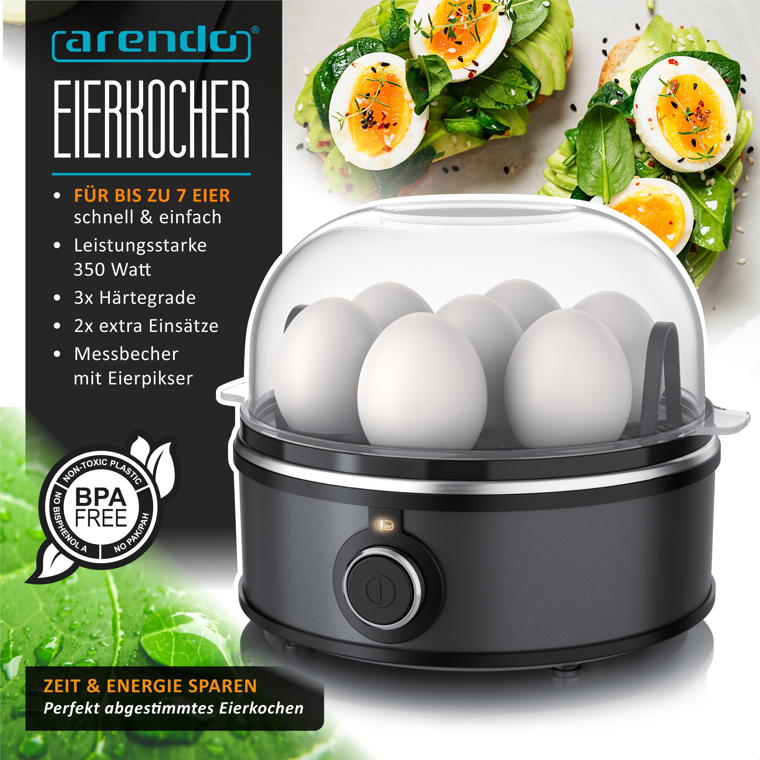 Eierkocher für 1–7 Eier, Edelstahl, 3 Härtegrade, mit Warmhaltefunktion, 7-Fach